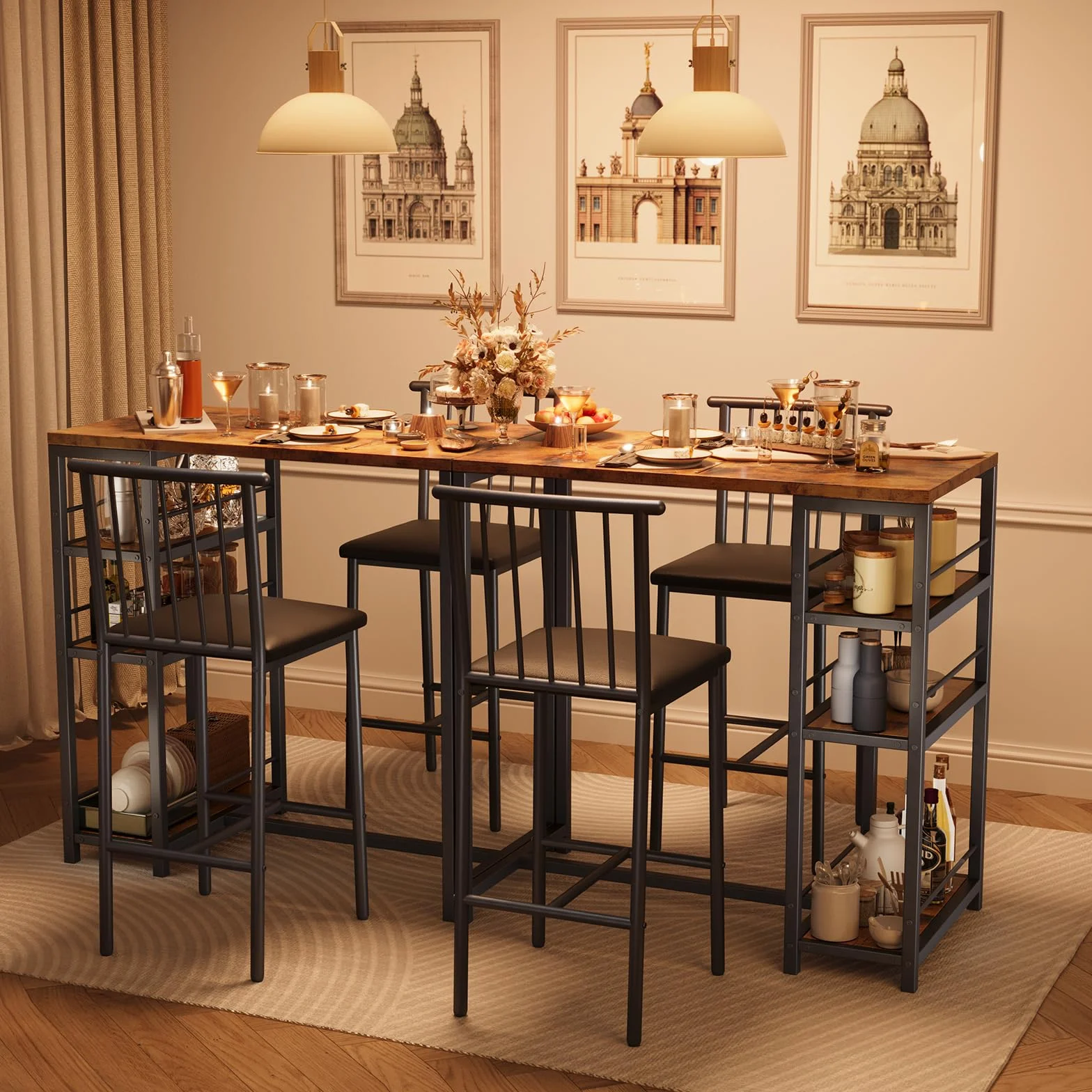 Xbro Tavolo da Bar con 2 Sedie Imbottite, Set 3 Pezzi Tavolo da Pranzo con 3 Ripiani e Porta Bottiglie, Tavolo Salvaspazio per Cucina, Soggiorno e Sala da Pranzo, Retrò