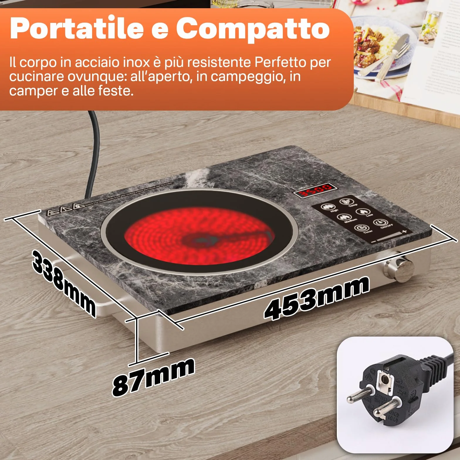 Piastra Ceramica a Infrarossi 3500W – Cottura Veloce e Sicura, Compatibile con Tutte le Pentole, Superficie in Vetro Microcristallino, Controllo Touch e Funzioni di Sicurezza