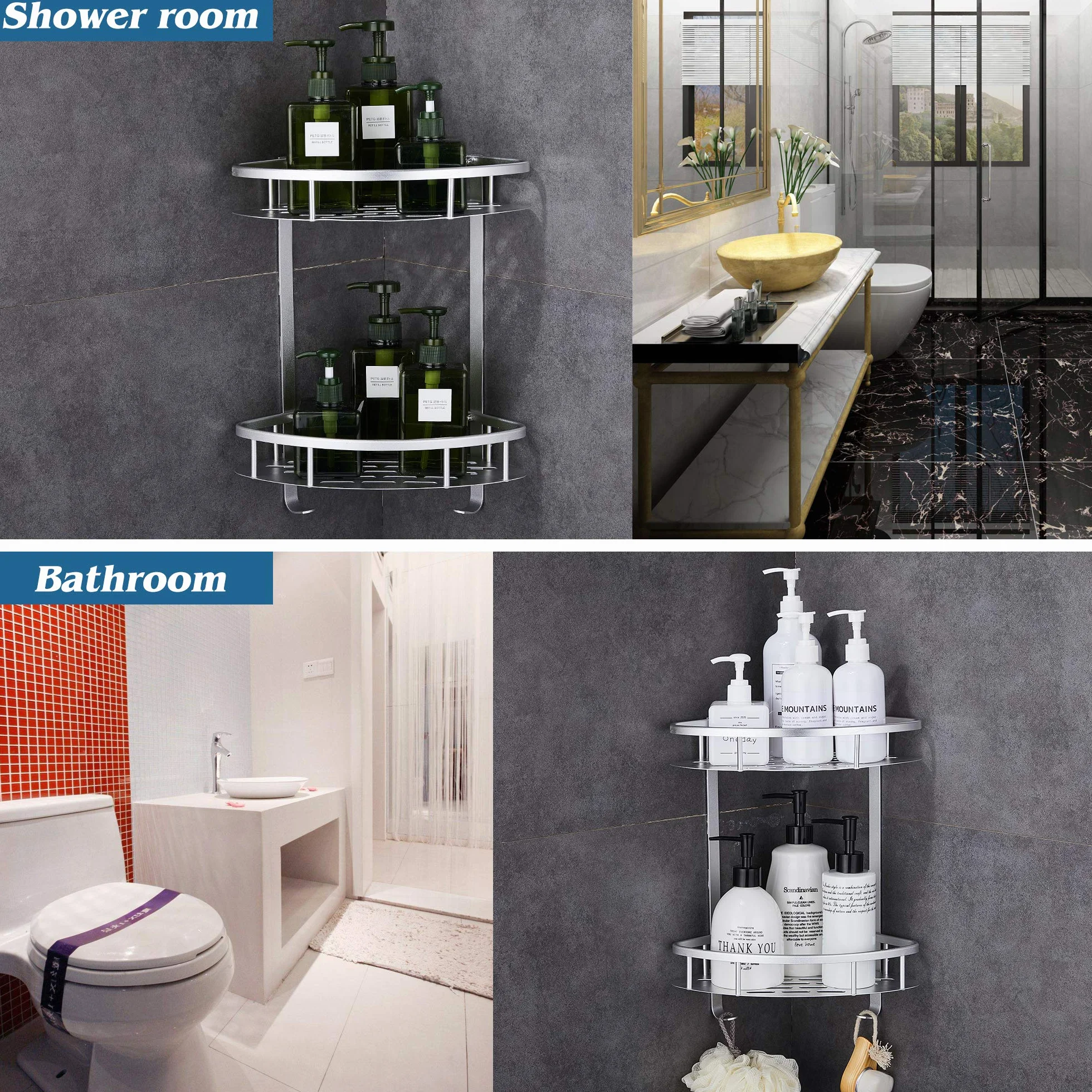 Mensola Doccia Angolare Senza Foratura 2 Livelli Argento Alluminio Accessori Bagno Organizer