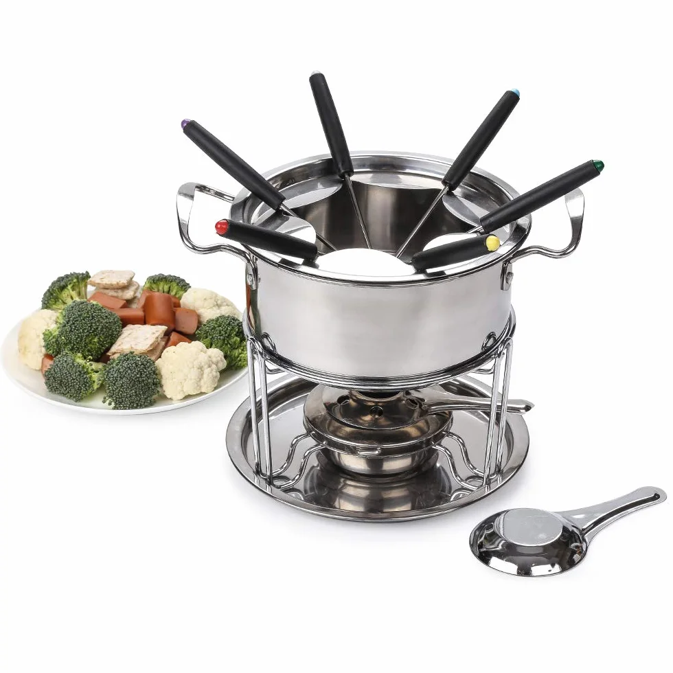 Set Fonduta Formaggio Acciaio Inox 6 Persone Fondue Bourguignonne con Forchette Bruciatori Argento