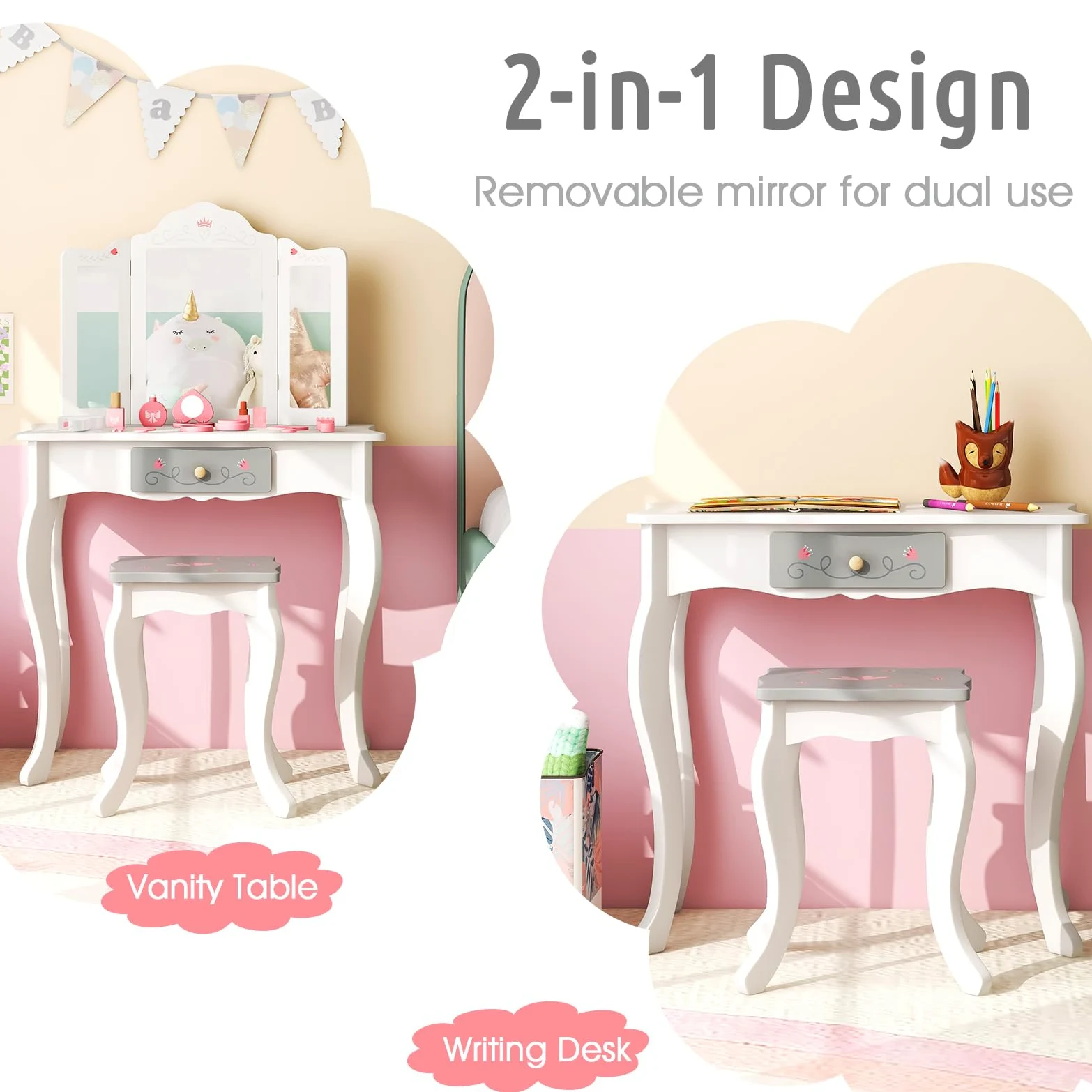 LIFEZEAL 2 in 1 Toeletta con Specchio Rimovibile e Sgabello per Bambini, Tavolo da Trucco in Legno con 10 Giocattoli per Ragazze di 3+ Anni, Portata di 50 kg, Rosa e Bianco (Specchio Triplo)