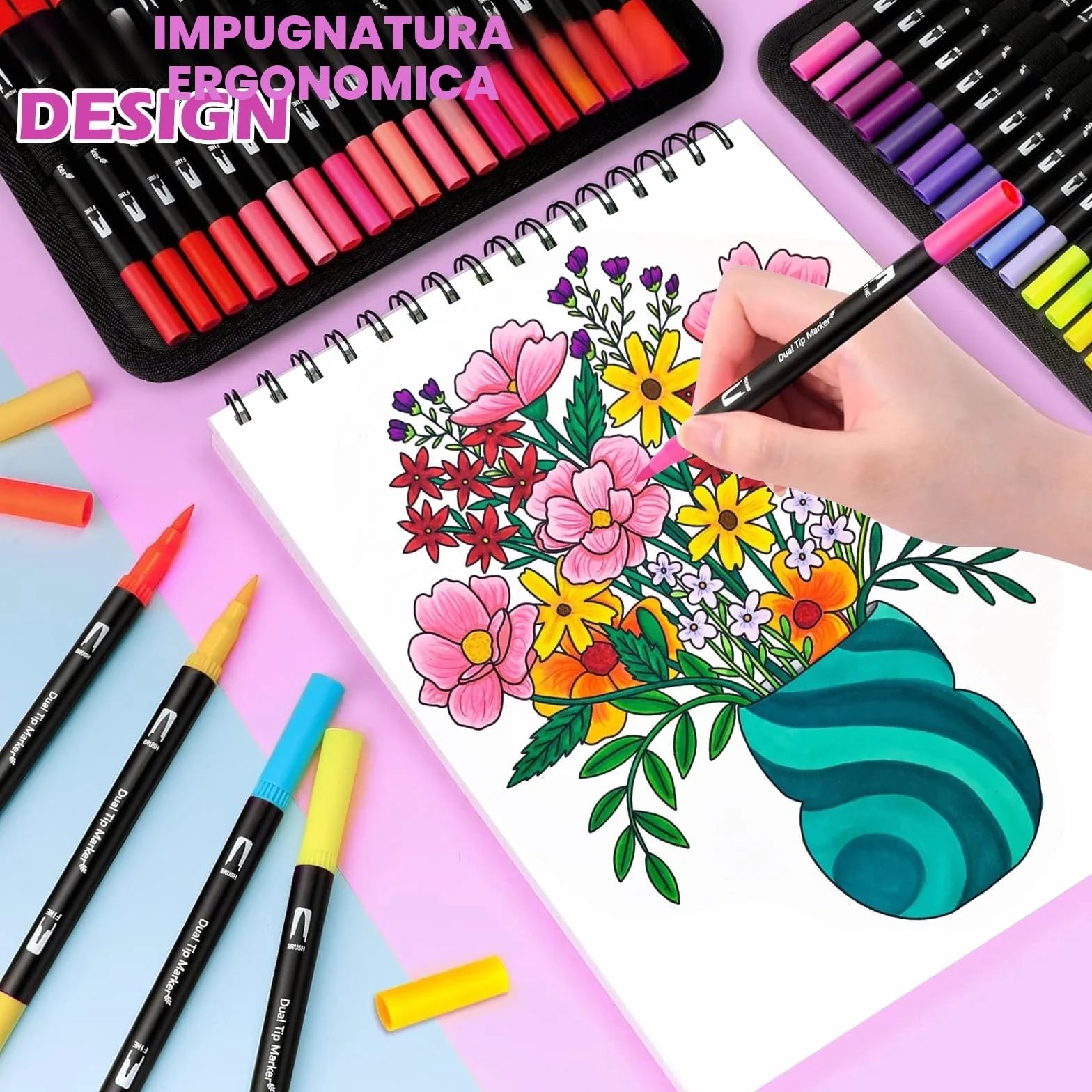 VAKKI Brush Pen Lettering 60 Colori Pennarelli Doppia Punta Fine e Grossa Acquerellabili per Calligrafia
