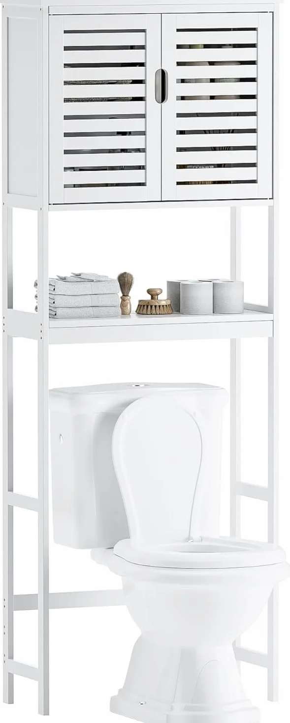 SMIBUY Contenitore salvaspazio sopra WC a 2 porte in bambù con ripiano interno regolabile e ripiano aperto indipendente (bianco), per Bagno