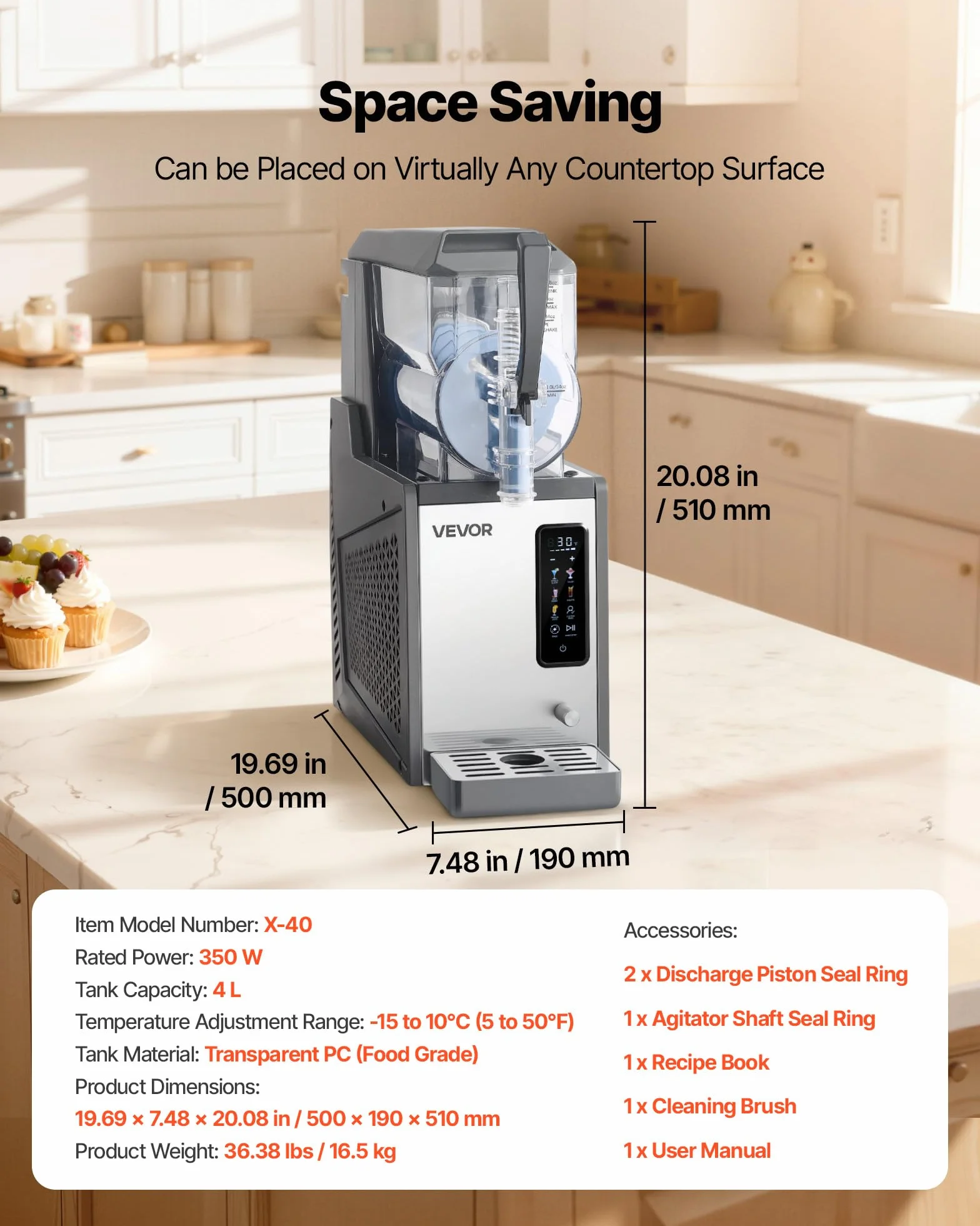 VEVOR Macchina per Granite 4 L 350 W Serbatoio Singolo per Bevande Ghiacciate, Succo Freddo, Cocktail