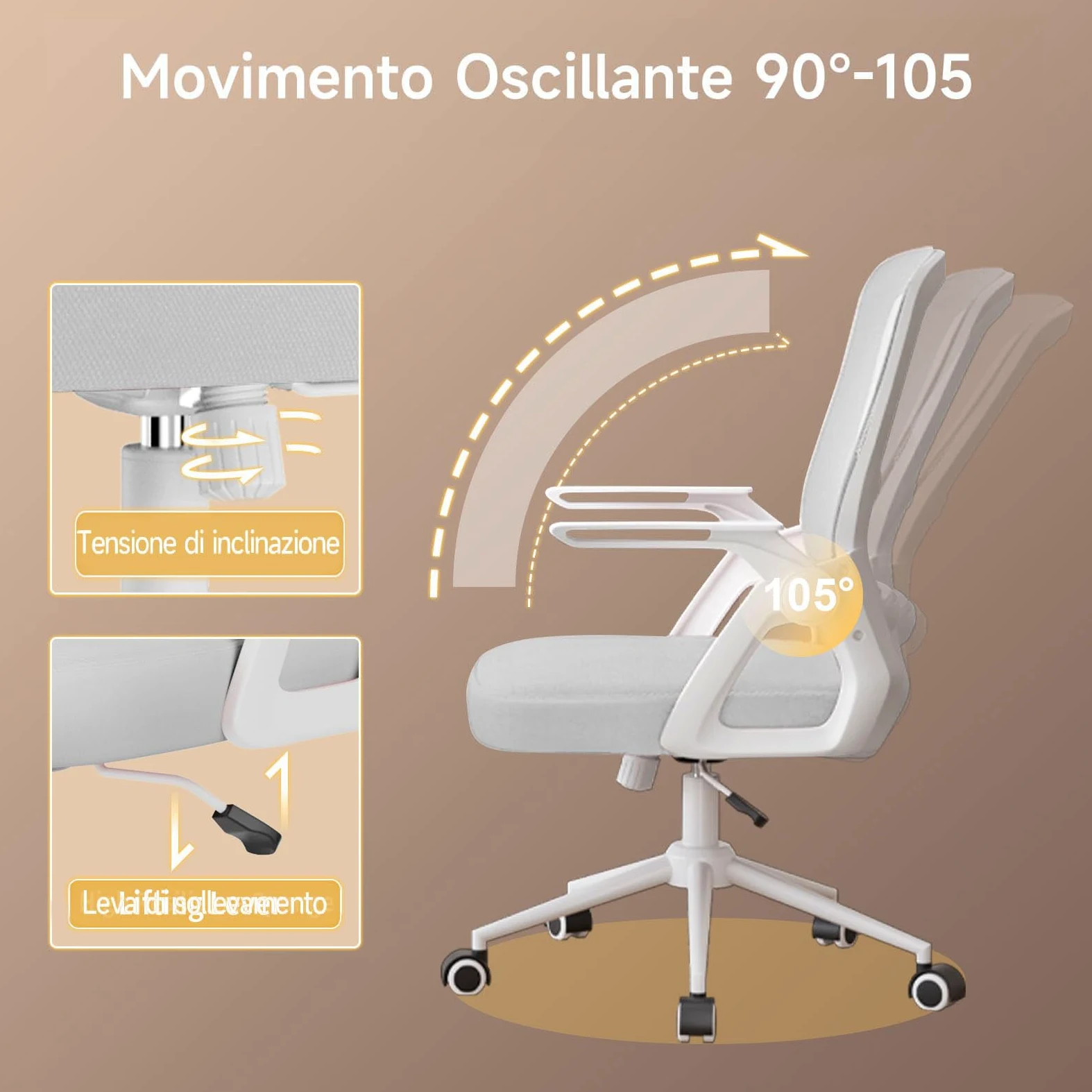 naspaluro Sedia da Ufficio Scrivania Ergonomica, Con Braccioli Pieghevoli, Altezza Regolabile, Seduta e Schienale in Rete Respirante, Girevole con Ruote, Funzione Oscillante Grigio