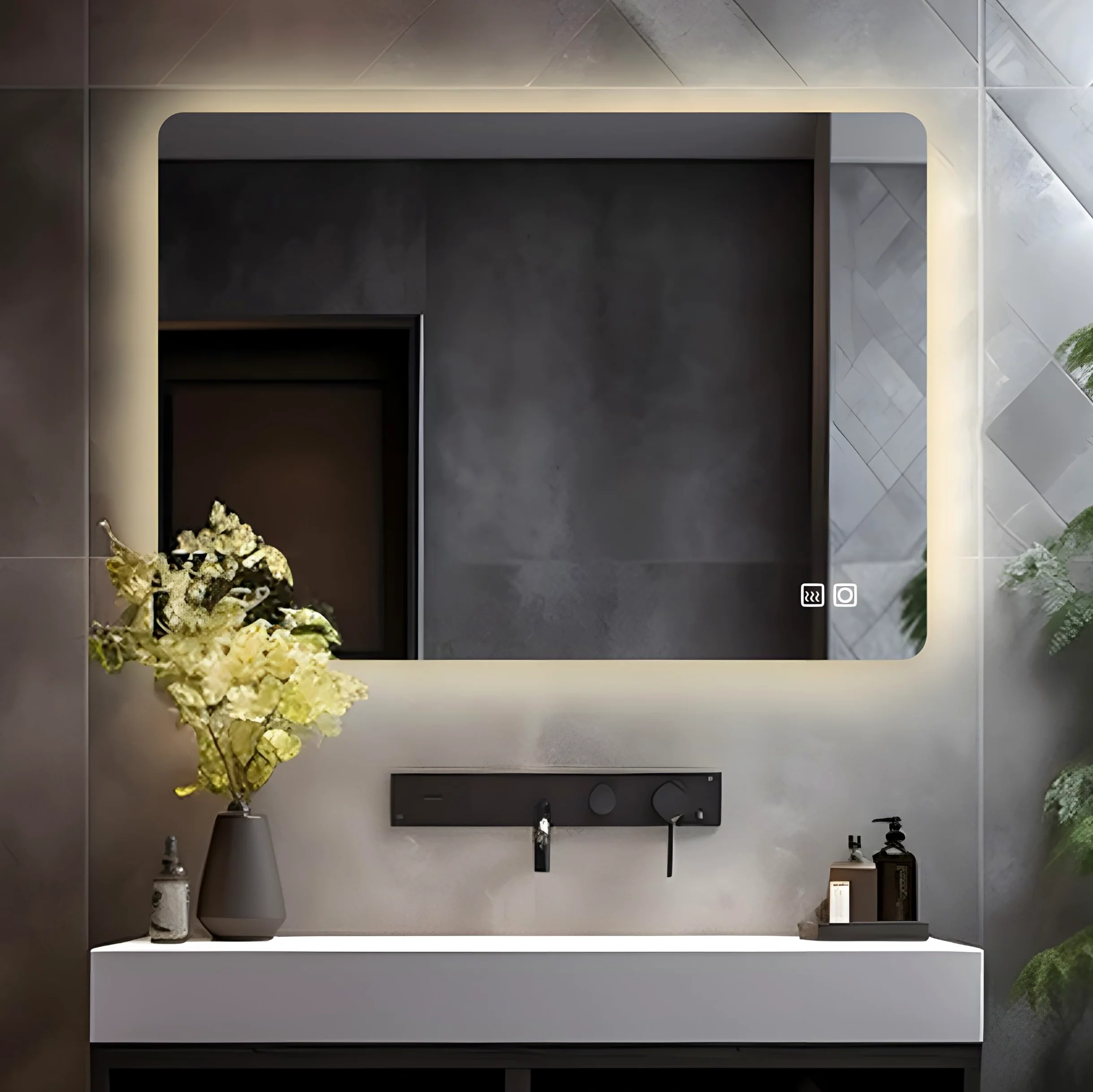 LISA Specchio da bagno a LED con illuminazione 60x50 cm, Specchio da bagno grande con illuminazione touch dimmerabile bianco caldo/bianco freddo antiappannamento per bagno, WC, corridoio