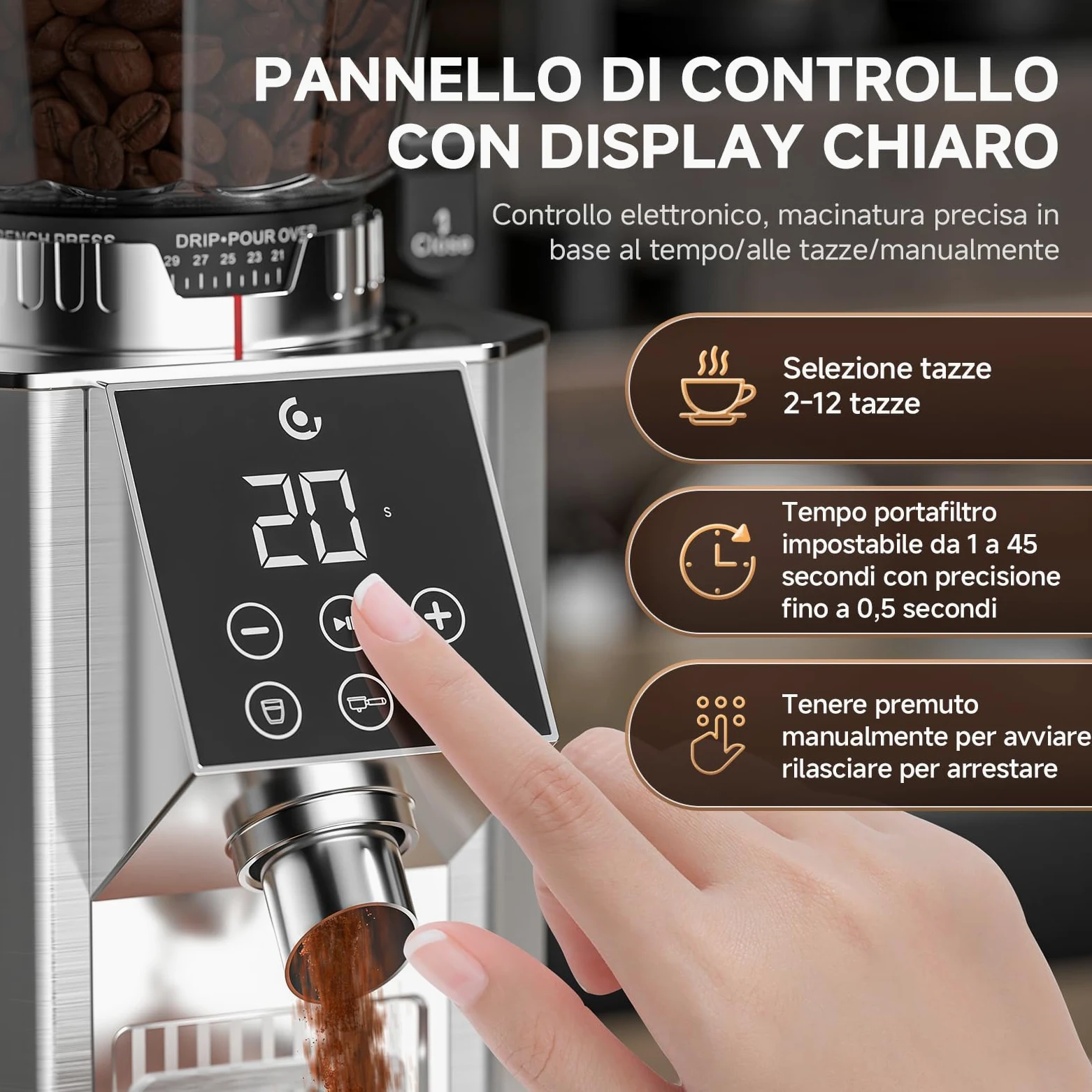 AMZCHEF Macinacaffè Elettrico con 45 Livelli di Macinatura, Macine Coniche in Acciaio Inox, Supporto Portafiltro Regolabile, Pannello di Controllo Touch LED, Corpo in Acciaio Inox