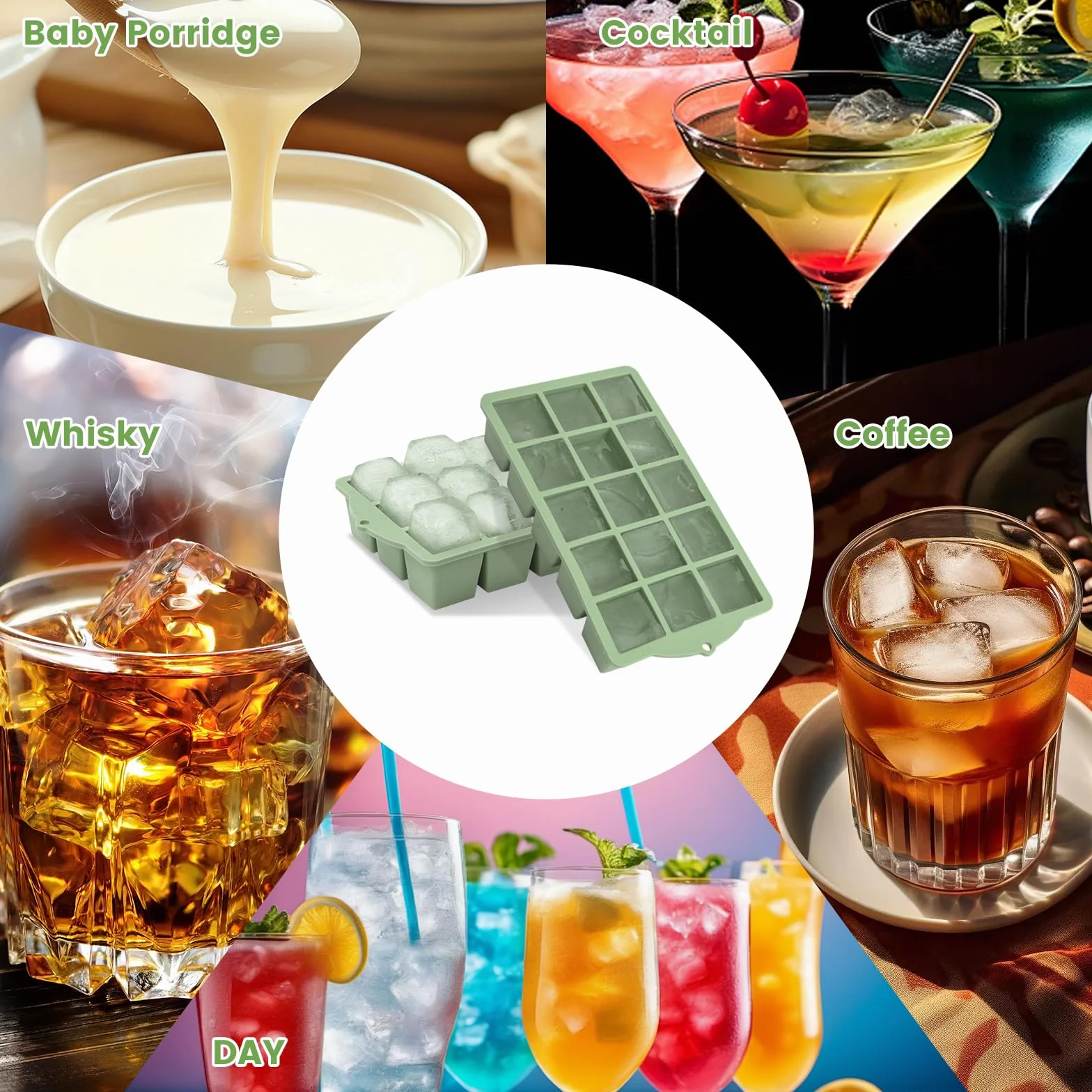 Stampo per Ghiaccio Silicone Senza BPA con Coperchio Impilabile per Freezer 2 Pezzi Verde