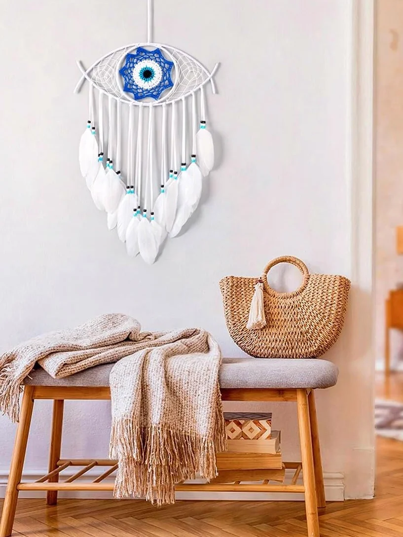 Evil Eye acchiappasogni macramè occhio turco bianco piume decorazione camera da letto ornamento parete