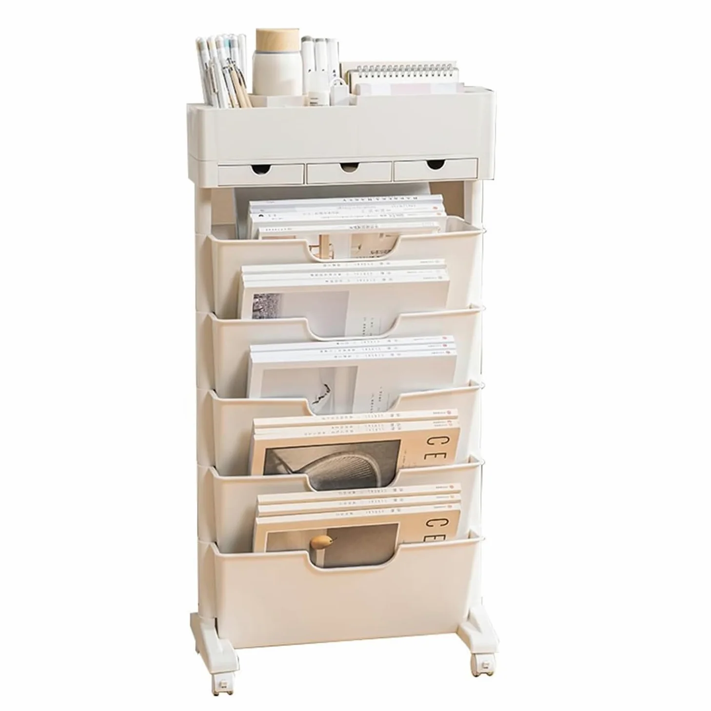 Scaffale Mobile a 6 Livelli con 3 Cassetti, Carrello Portadocumenti per Biblioteca, Scaffale Mobile per Libri sulla Scrivania Dell'aula, Classificatore da Ufficio con Rotelle Bloccabili