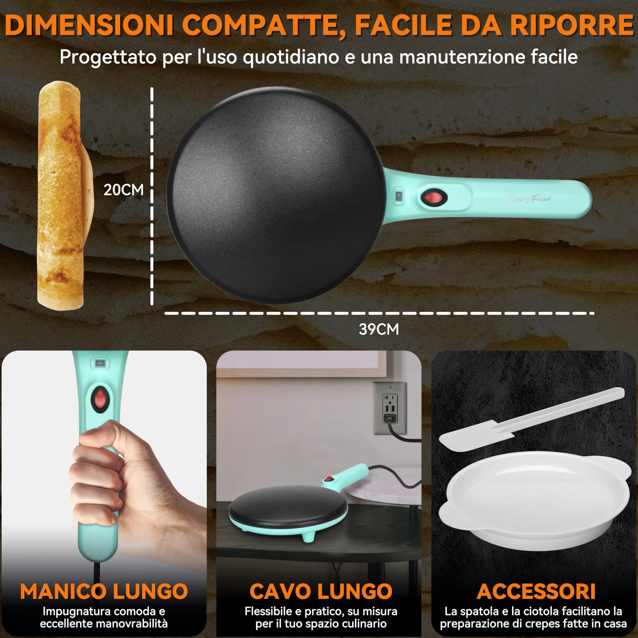 Baker's Friend Macchina per Crêpes Istantanee 20 cm Antiaderente, Blu-verde