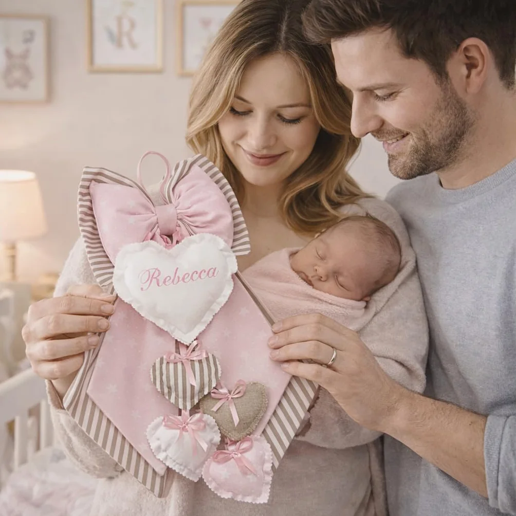 Fiocco Nascita personalizzato con nome sul cuore 52 x 35 cm Pois-rosa