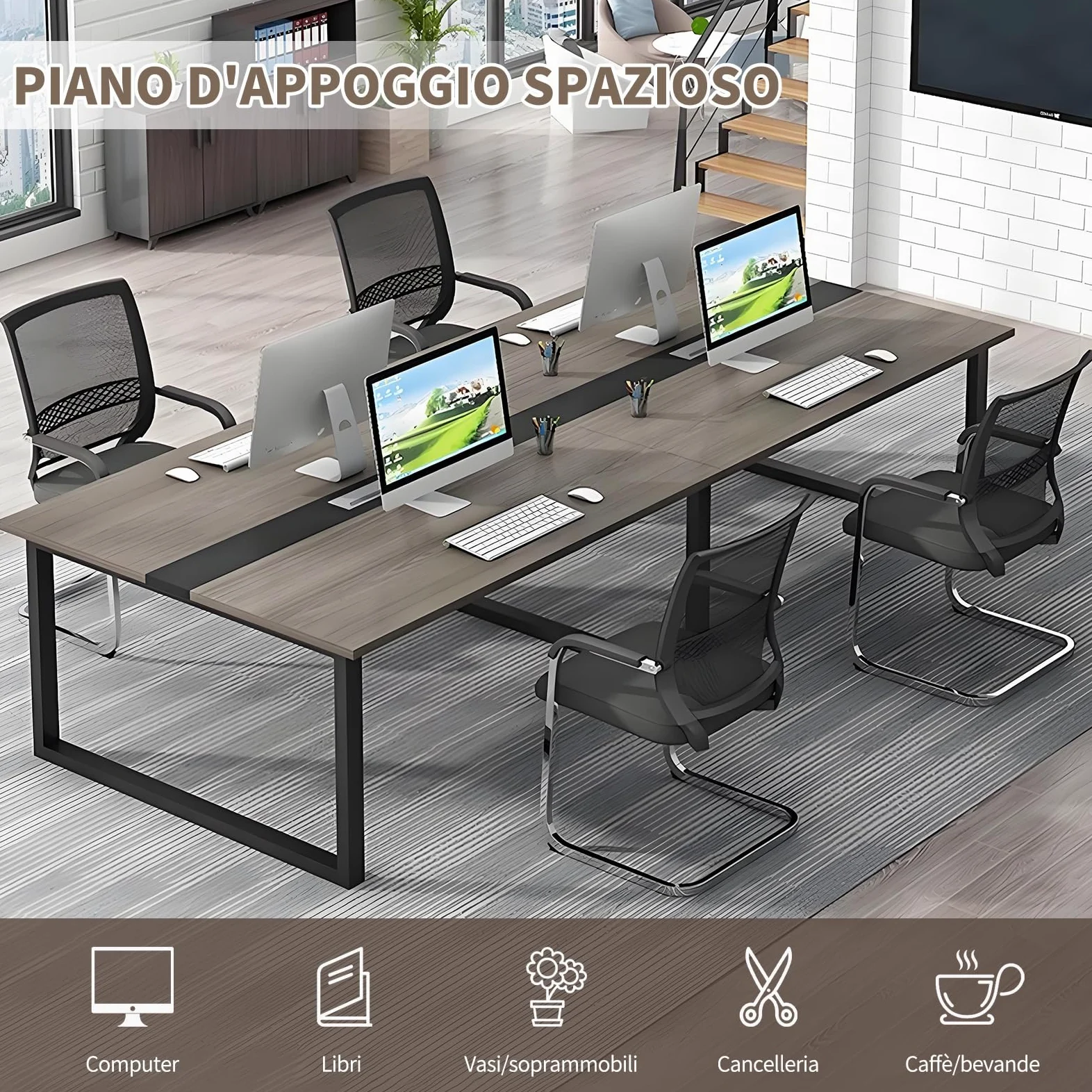 Tavolo Riunioni Ufficio Moderno, Tavolo da Conferenza Rettangolare con Canalina per Cavi e Struttura in Metallo Nero, Ideale per 8-12 Persone, Sala Conferenze e Seminari