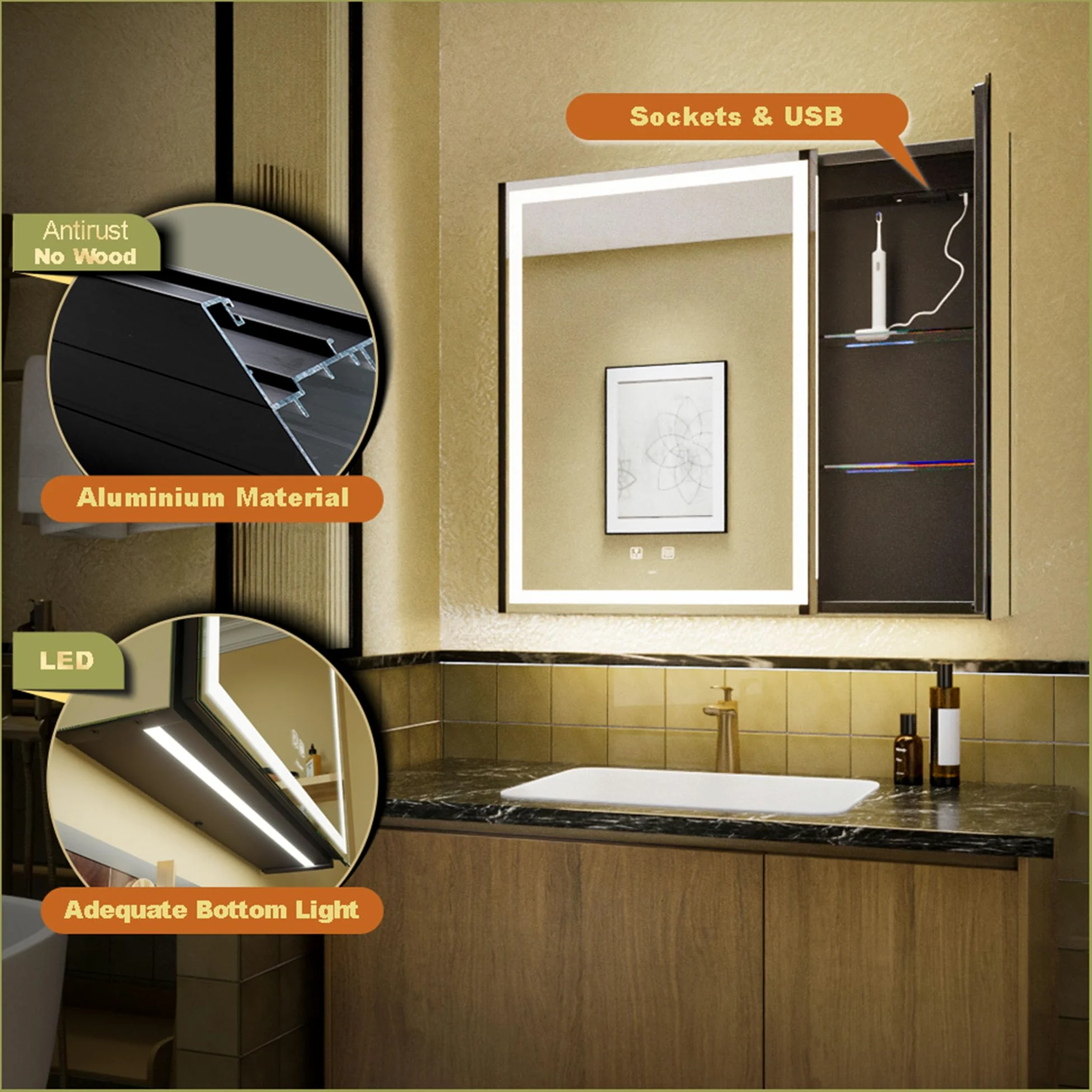 GANPE Armadietto da bagno con specchio per medicinali illuminato a LED, anti-appannamento, modalità a 3 colori, dimmerabile, mensole, prese e USB (70 x 75 cm)