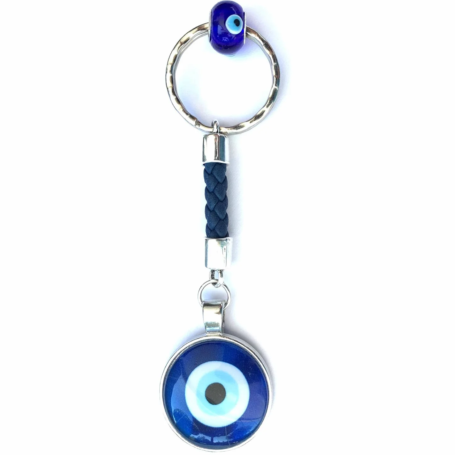 ASTER ALHELÍ Portafortuna Portachiavi Blu Occhio Turco Amuleto Malocchio Keychain Pelle Intrecciata Blu Argento Cuoio Uomo Donna