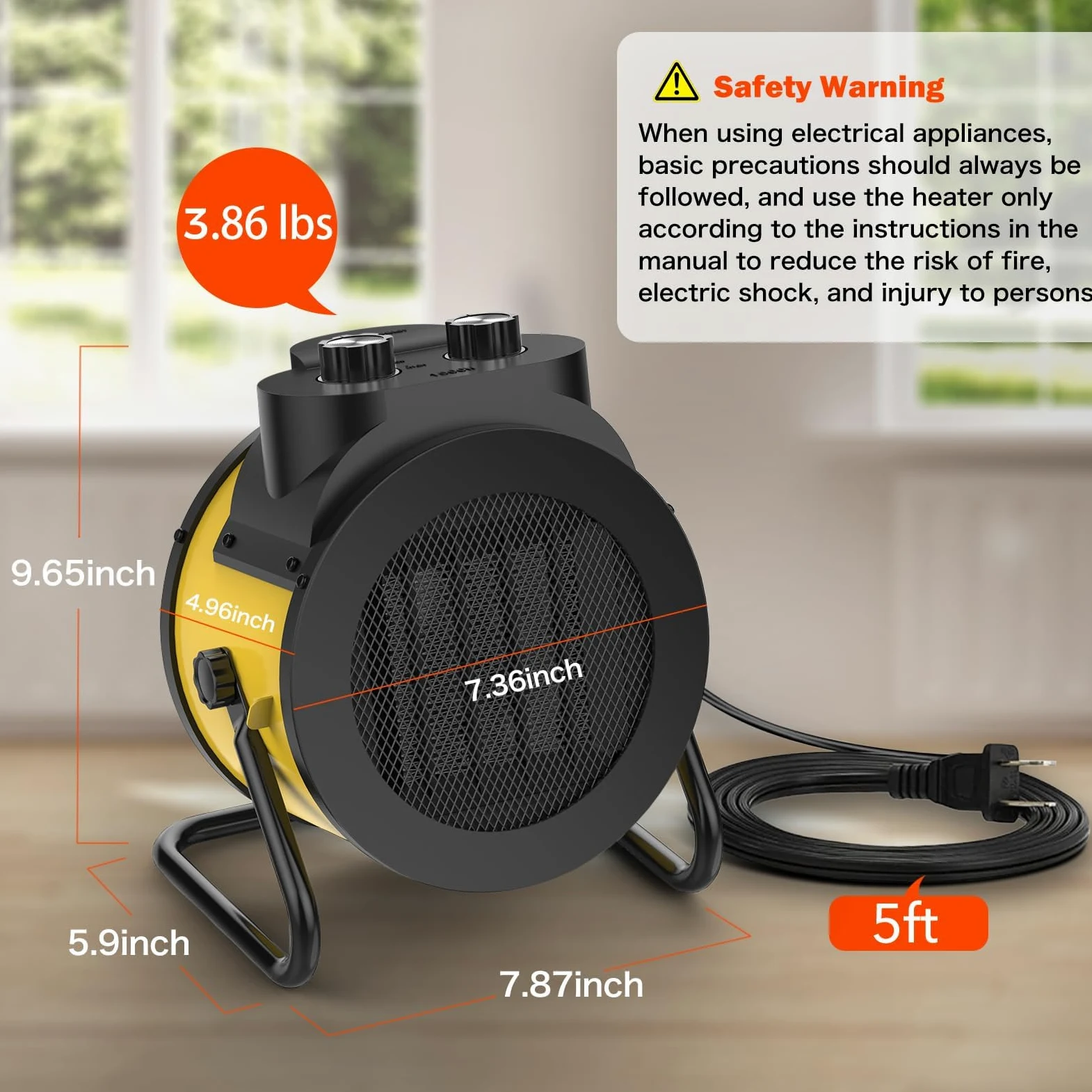 Riscaldatori per ambienti interni, riscaldamento elettrico PTC 1500W con angolo regolabile di 90°, riscaldamento rapido di sicurezza, piccolo riscaldatore portatile per ufficio e casa (giallo)