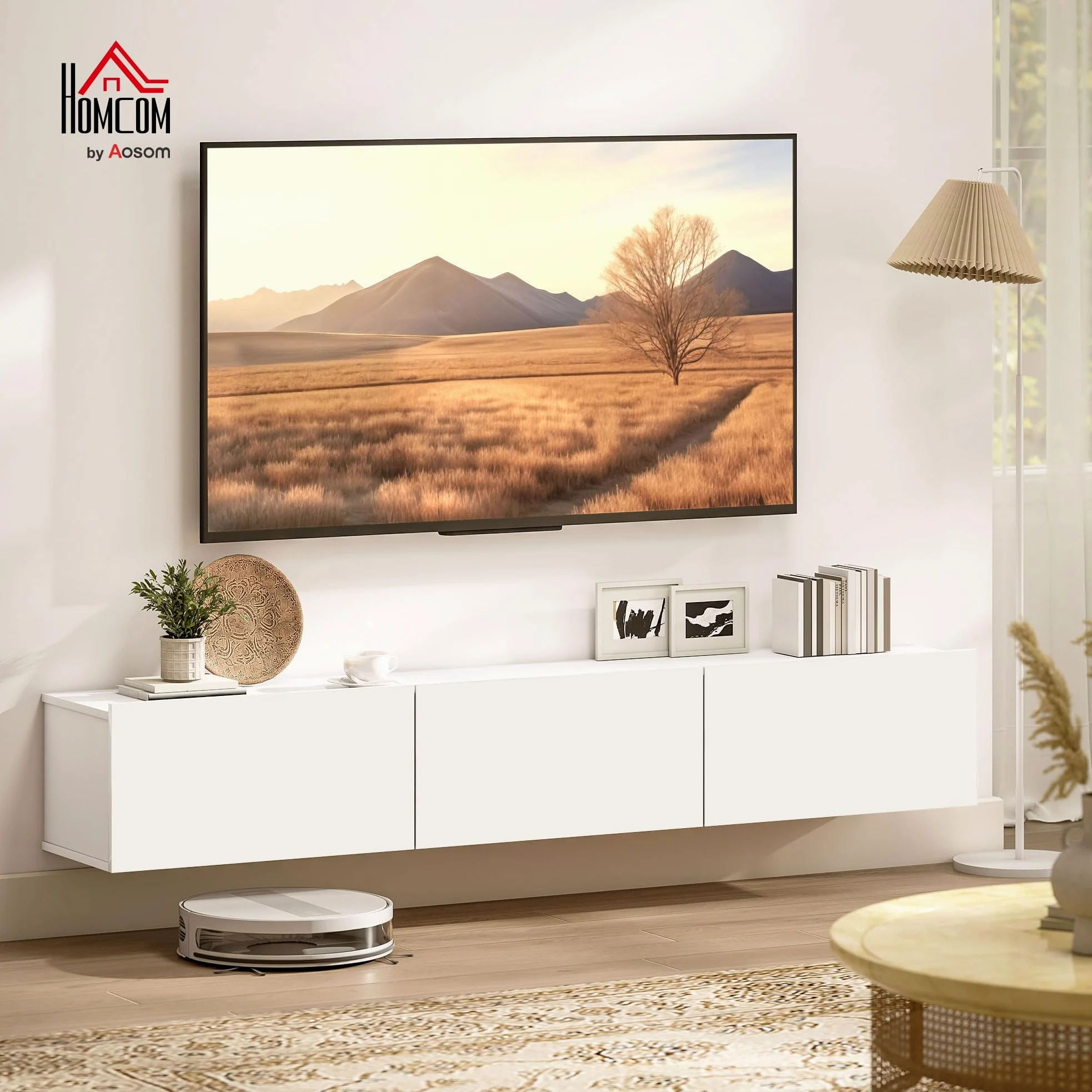 HOMCOM Mobile TV Sospeso, Mobile Porta TV Fino a 82" con Armadietti 3 Ante a Ribalta Soft Close, Mobiletto per Televisore per Soggiorno, Camera da Letto e Salotto, 180x31.5x29.8 cm, Bianco