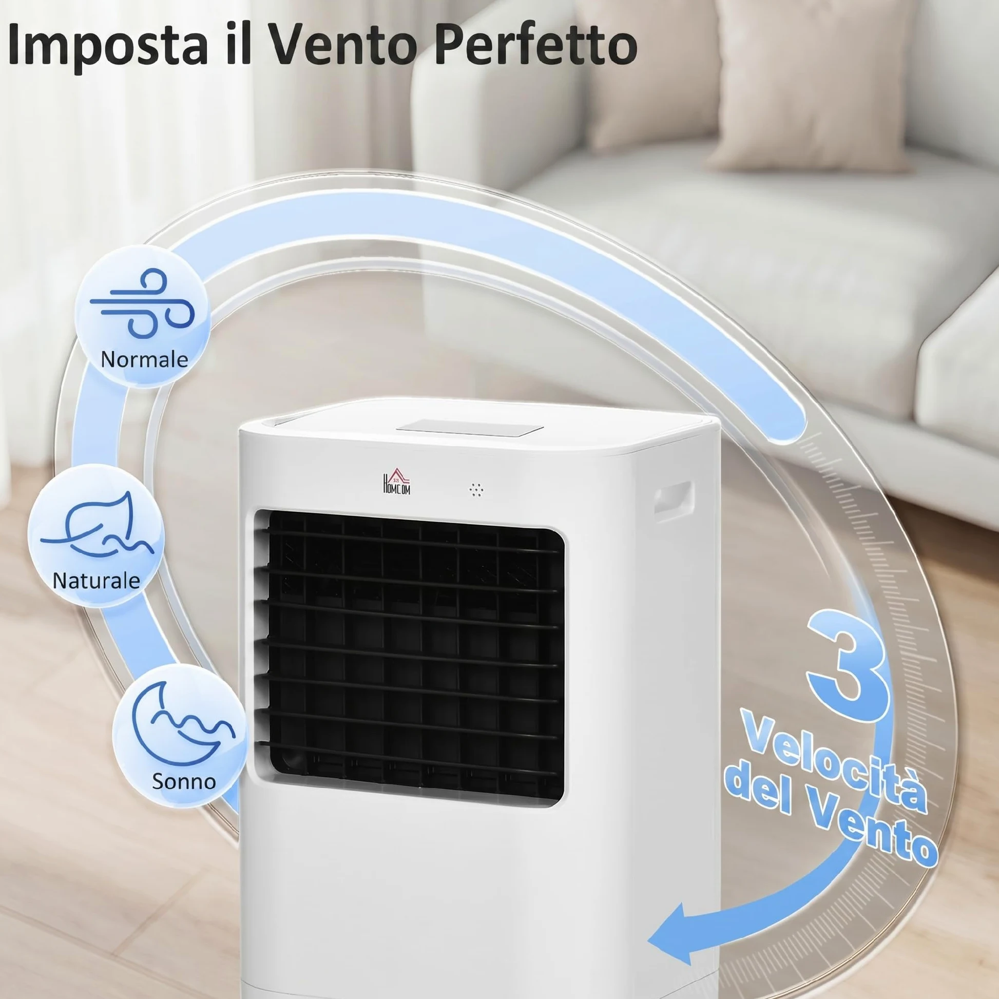 HOMCOM Condizionatore Portatile, Raffrescatore Evaporativo 3 in 1, Ventilatore con Ghiaccio e Deumidificatore, 3 Velocità, 9 Modalità e Telecomando, Raffrescatore da 65W in ABS, 32x37x74 cm, Bianco