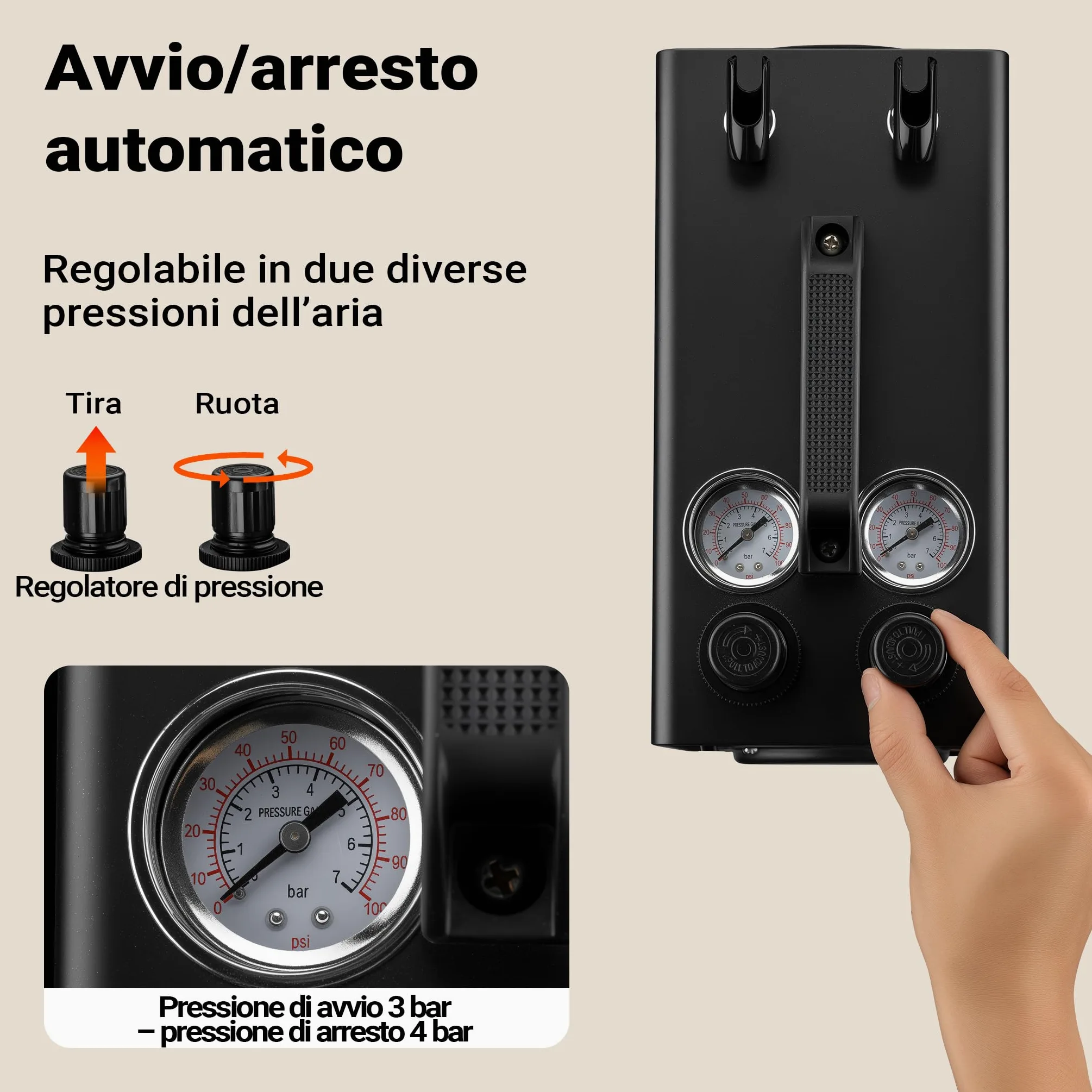 Wiltec Compressore aerografo AS18TA 1/6 CV, compressore ad aria con portata d'aria compressa 20-23 l/min, 2 attacchi per pistola aerografo, manometro, per modellismo, decorazione unghie