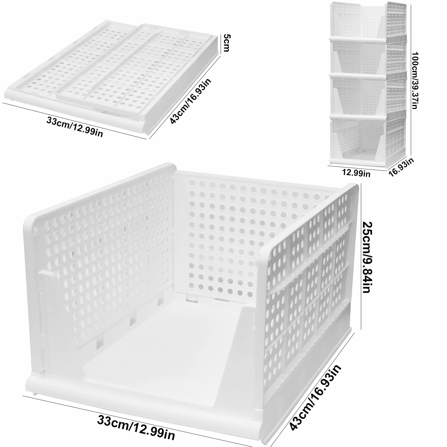 Organizzatore per Guardaroba, 4 PZ Cestini Impilabili Grandi – 43x33,5x25cm, Contenitori in Plastica per Armadio, Casa, Ufficio, Lavanderia, Vestiti, Giocattoli, Cucina