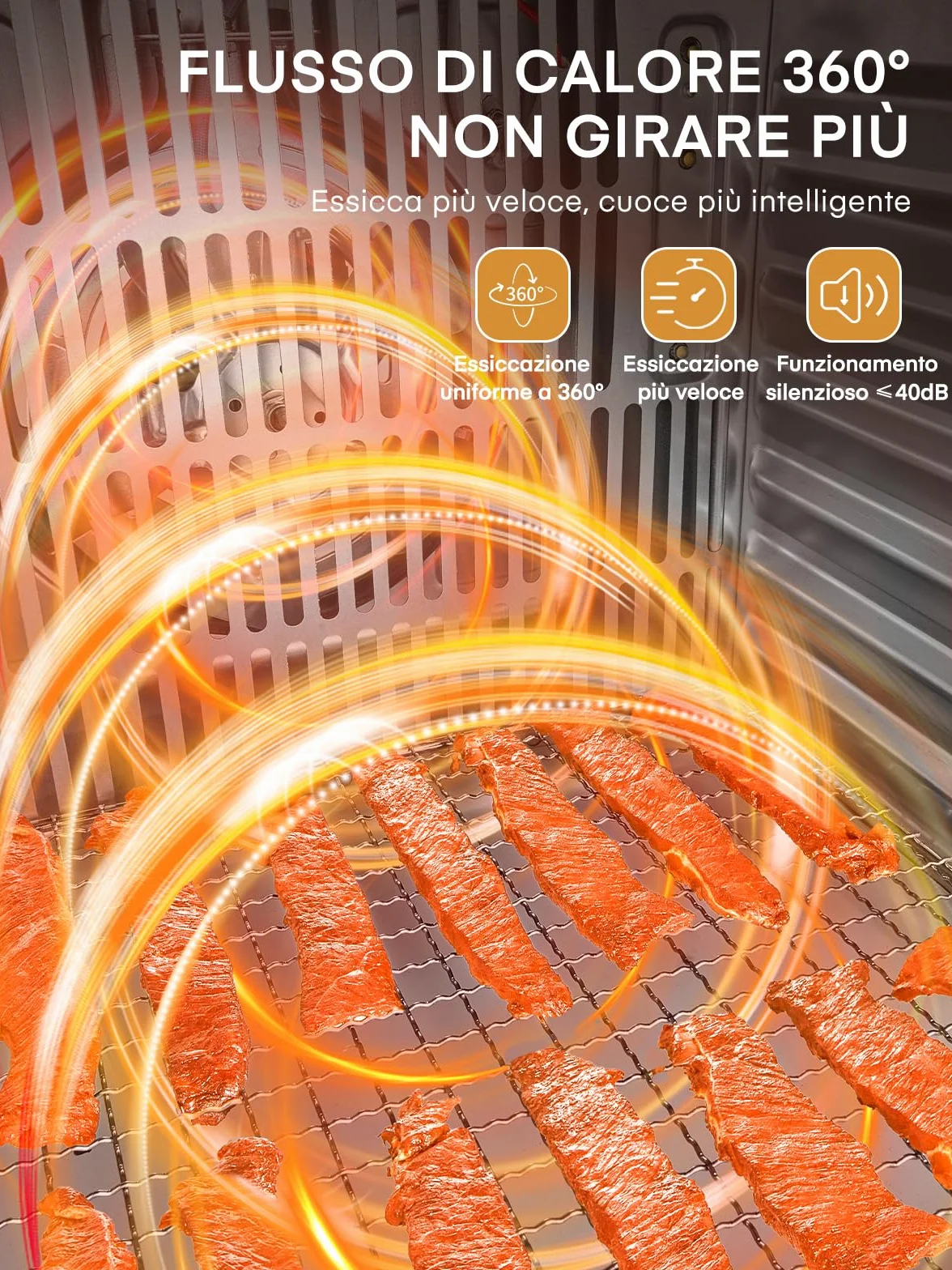 FOHERE Essiccatore Alimentare 8 Vassoi in Acciaio Inox, Silenzioso <40dB per Uso Notturno, Termostato 35-75℃ Timer 48h, per Frutta, Verdura, Carne, Funghi, Erbe, Snack per Bebè