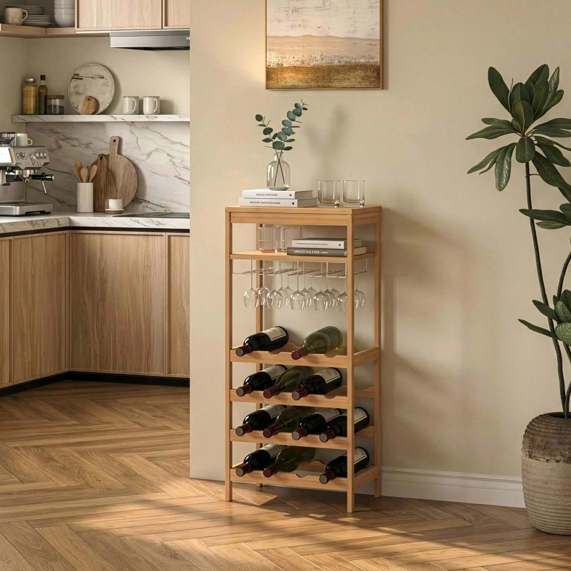 [en.casa] Cantinetta Mobile Portavino per 16 Bottiglie Scaffale Porta Bottiglie da Vino con Portabicchieri e Scomparto Aperto Soggiorno Sala da Pranzo 100 x 47 x 29 cm in Bambù Naturale