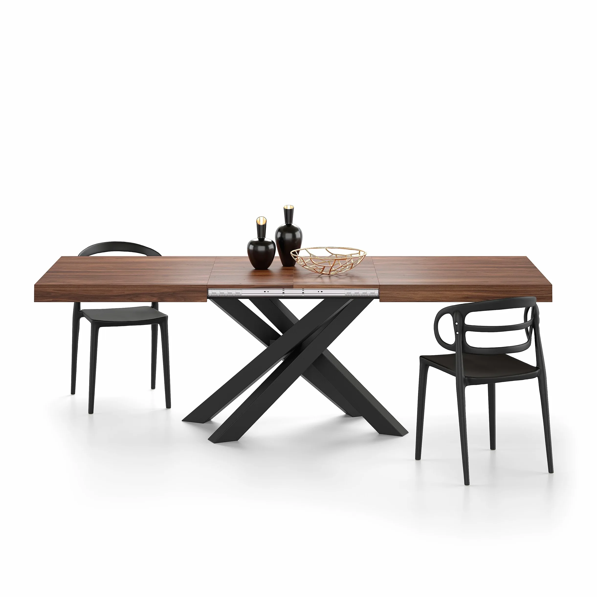Mobili Fiver, Tavolo Allungabile Emma 160(240) x90 cm, Noce Canaletto con Gambe Incrociate Nere, per 6-10 persone, Tavolo Cucina, Soggiorno, Made in Italy