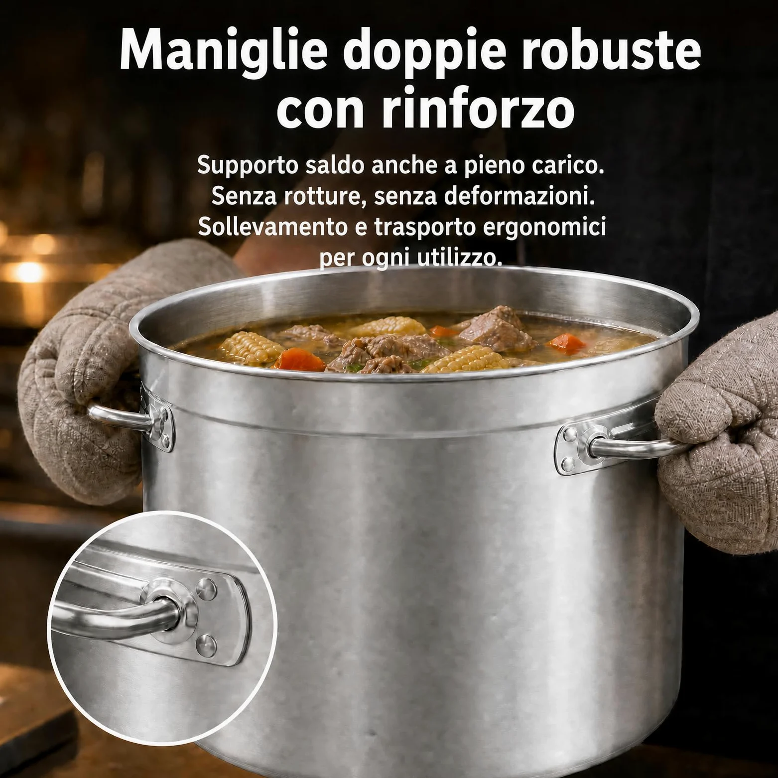 Pentola per zuppa in acciaio inox, 98 l, grande con manici e coperchio per lavandino, Ø 51,5 cm, altezza: 50 cm, in acciaio inox, grande per tutti i piani cottura e le grandi cucine