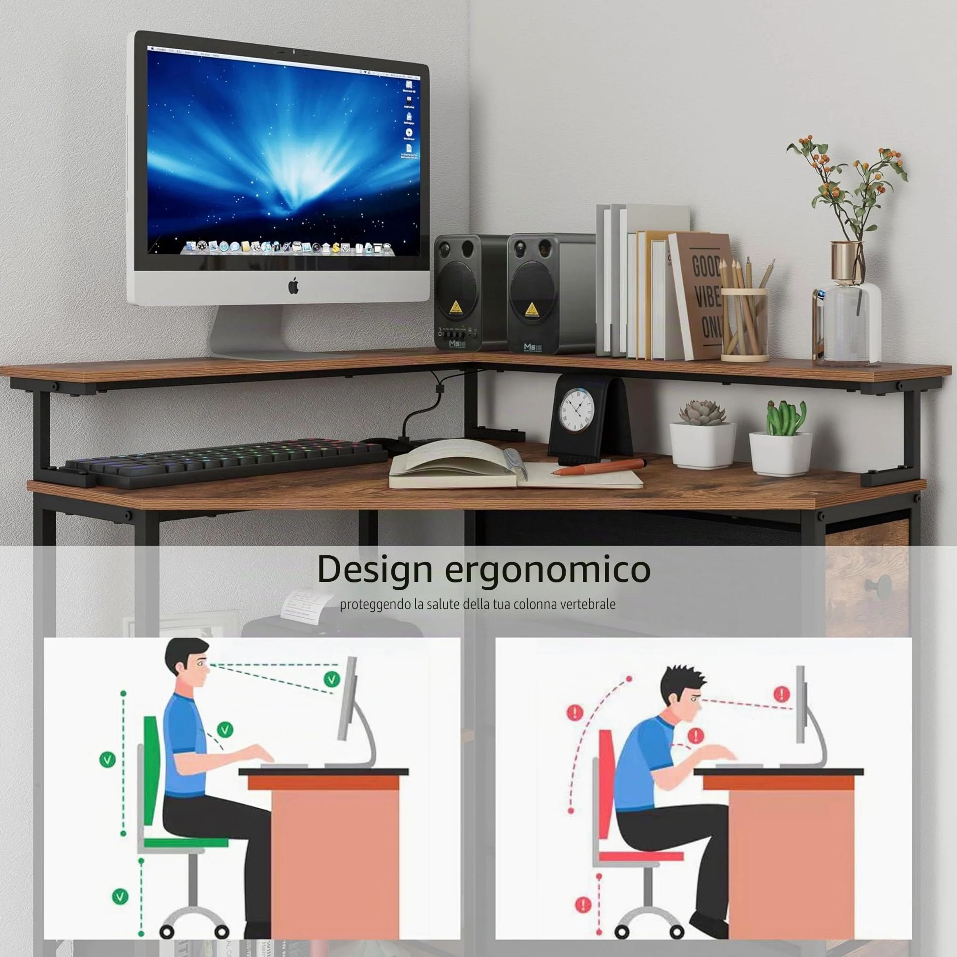 Tohomeor Scrivania angolare con 4 cassetti in tessuto, scrivania con cassetti, tavolo da gioco, scrivania per computer, ufficio, studio, camera da letto (marrone)