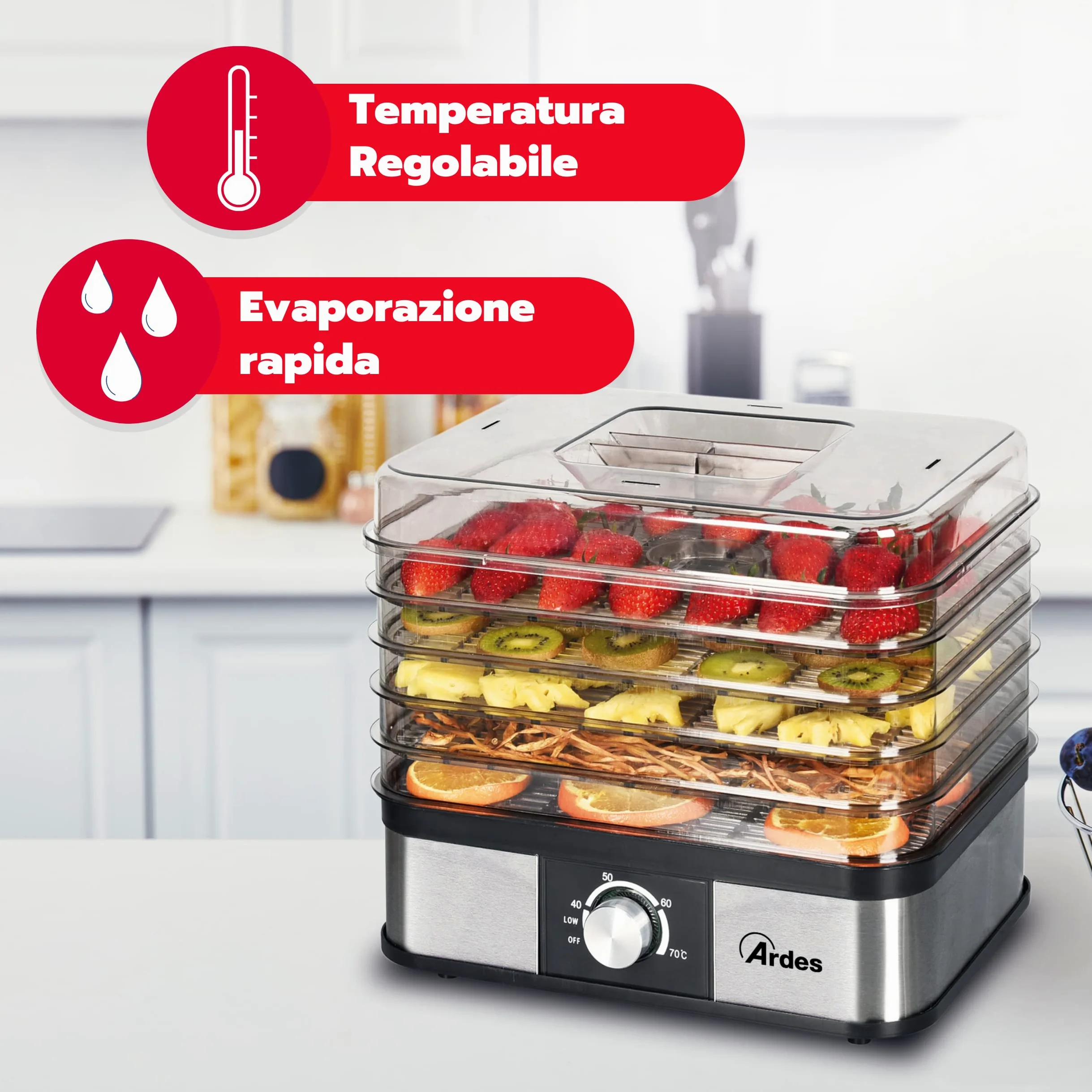 ARDES | AR1K15 Essiccatore Alimentare per Frutta Verdura Funghi Disidratazione Rapida - 5 Ripiani Lavabili, Temperatura Regolabile, 245 W, Plastica