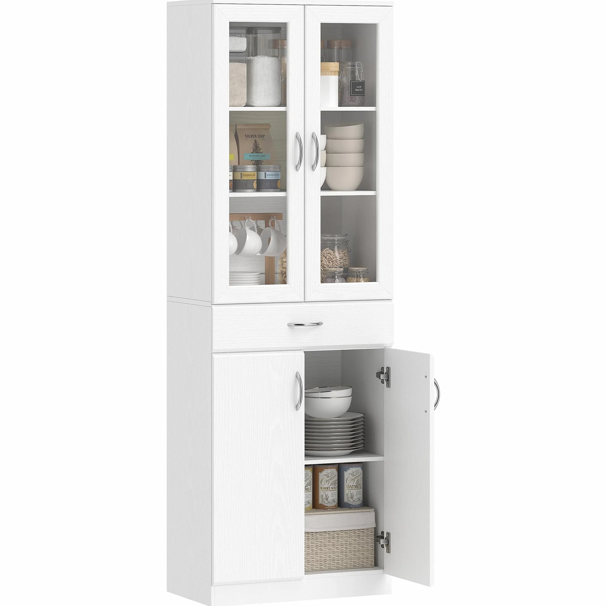 HOMCOM Credenza Cucina Alta 180cm, Mobile Dispensa con Ante in Vetro Soft-Close, Cassetto, 2 Armadietti, Ripiani Regolabili, Mobile Cucina Moderno per Sala da Pranzo Soggiorno, Bianco