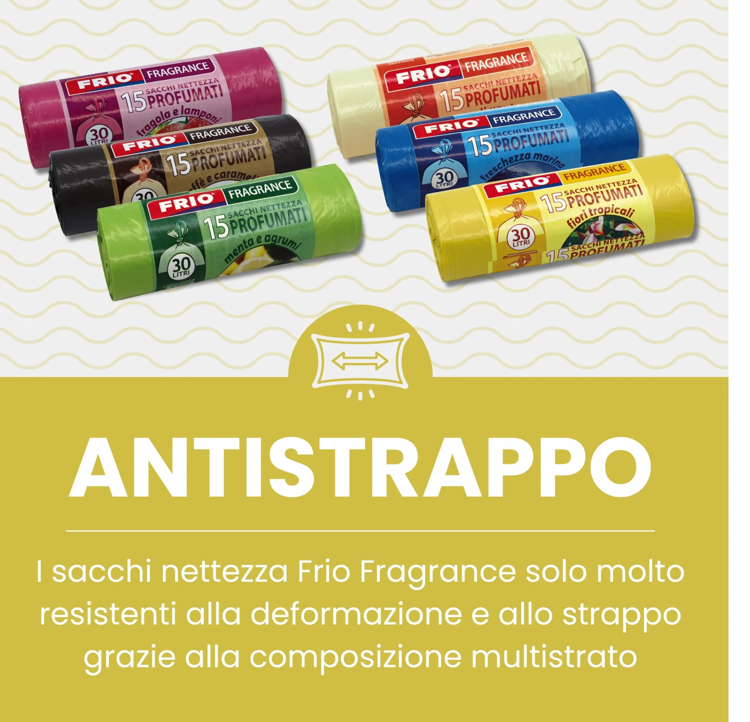FRIO Multifrutti - 90 Sacchetti spazzatura 30 Litri Profumati, 6 Confezioni da 15 Sacchi immondizia con 6 aromi, colori assortiti - 52x58 cm - Buste per pattumiera resistenti, piccoli, differenziata