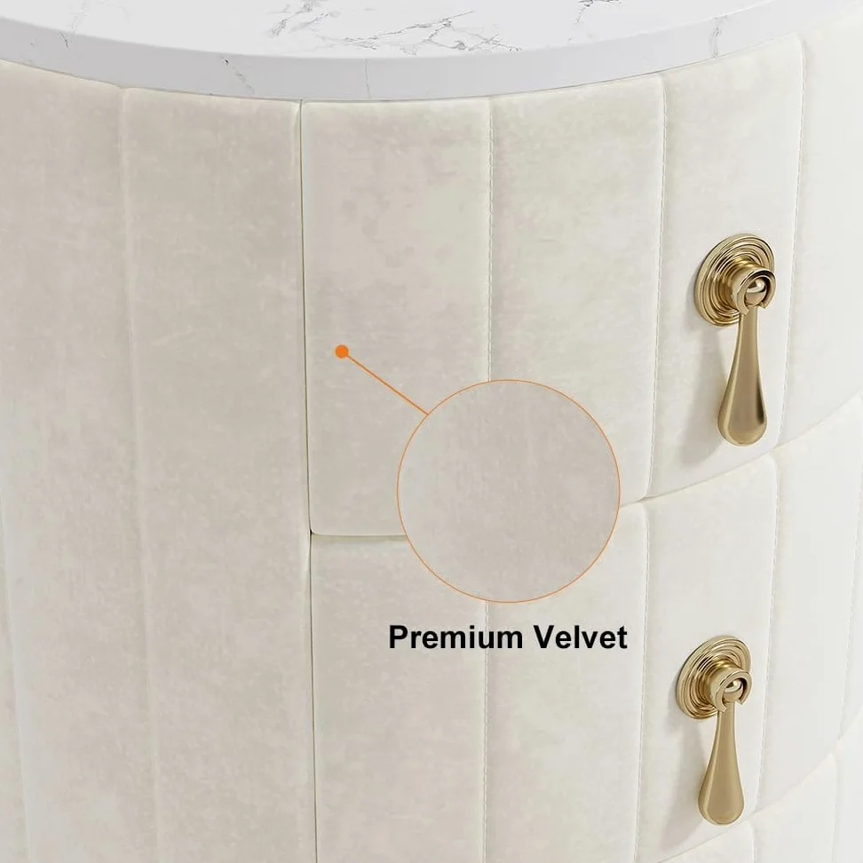 homary Comodino in velluto bianco con contenitore, comodino rotondo con 3 cassetti, tavolino in pietra per camera da letto, tavolini per soggiorno