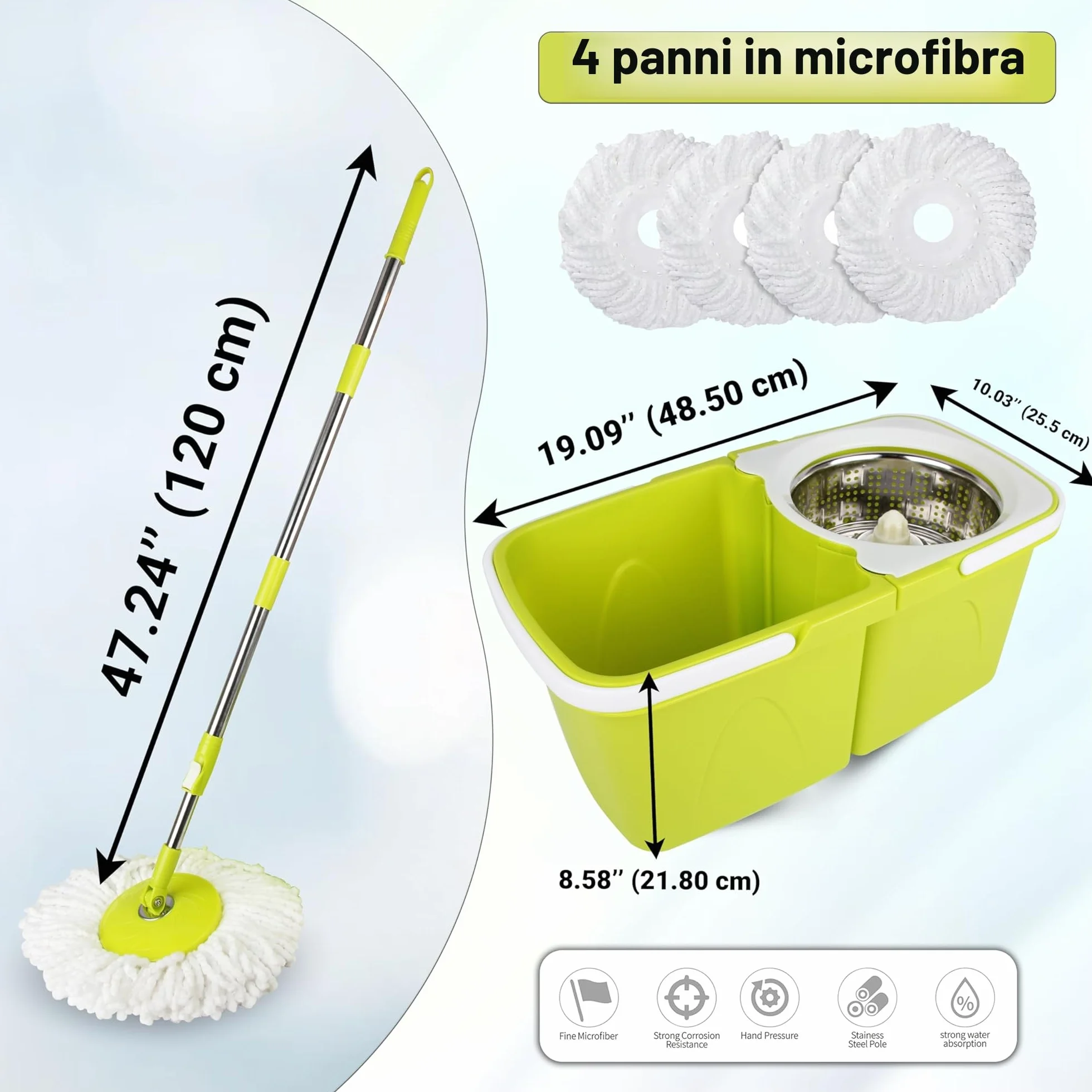ARSUK Mocio e Secchio lavapavimenti doppia vasca - 2 impilabili secchio separati con 4 testine in microfibra e manico telescopico regolabile in altezza a 360° Rotante | Rotazione a 360 gradi