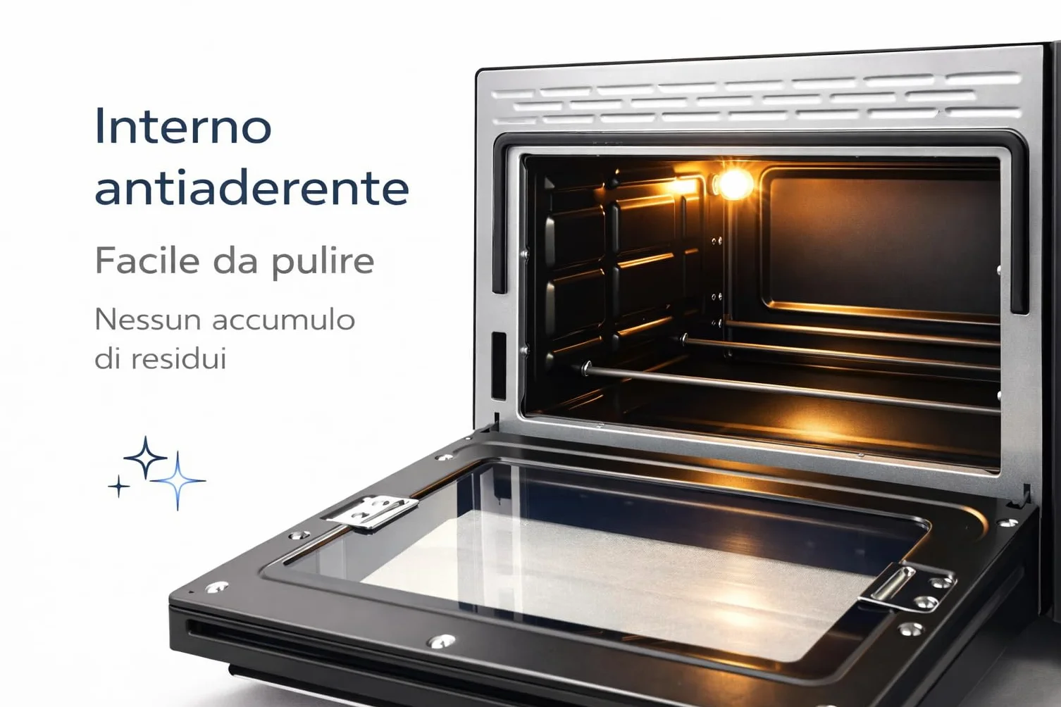 Forno Elettrico Ventilato 52L Doppio Vetro 6 Funzioni Cottura 90-230°C Timer 60 Min Luce Interna Pareti Antiaderenti