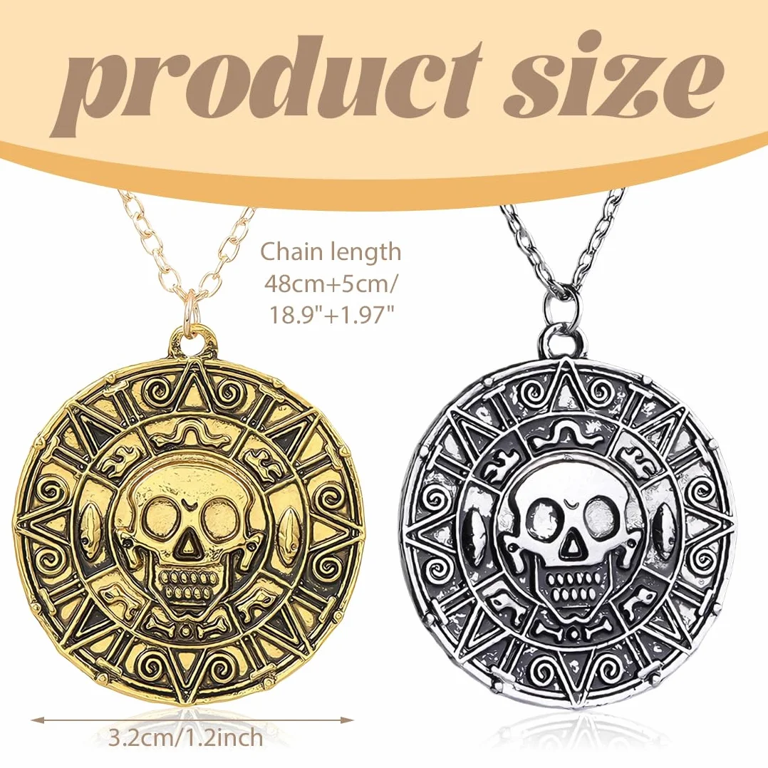 Collana Moneta Azteca Bussola Teschio Gioiello Pirata Carnevale Oro Argento