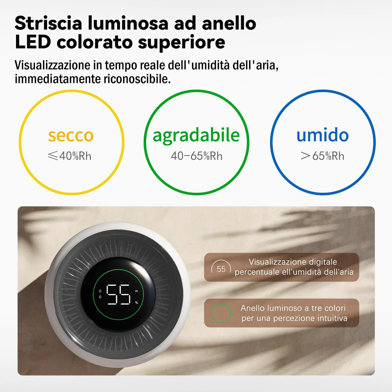 Umidificatore evaporativo a freddo, senza nebbia, senza nebbia, per chi soffre di allergie e incinte fino a 45 m², camera dei bambini, camera dei bambini, camera da letto, purificatore