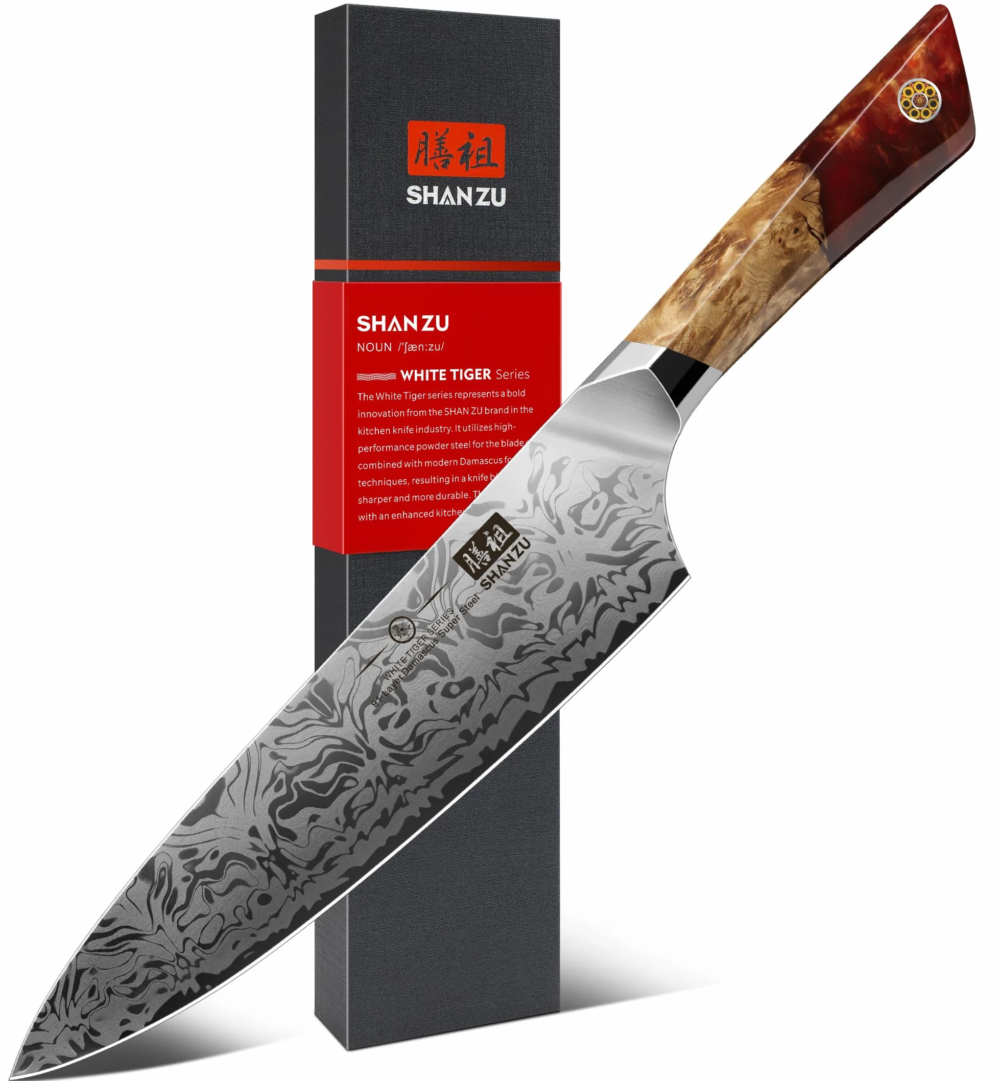 Coltelli da Cucina SHAN ZU Damasco 91 Strati, Coltello da Chef Giapponese in Acciaio SG2 20 cm, Forgiato a Mano con Manico in Acero