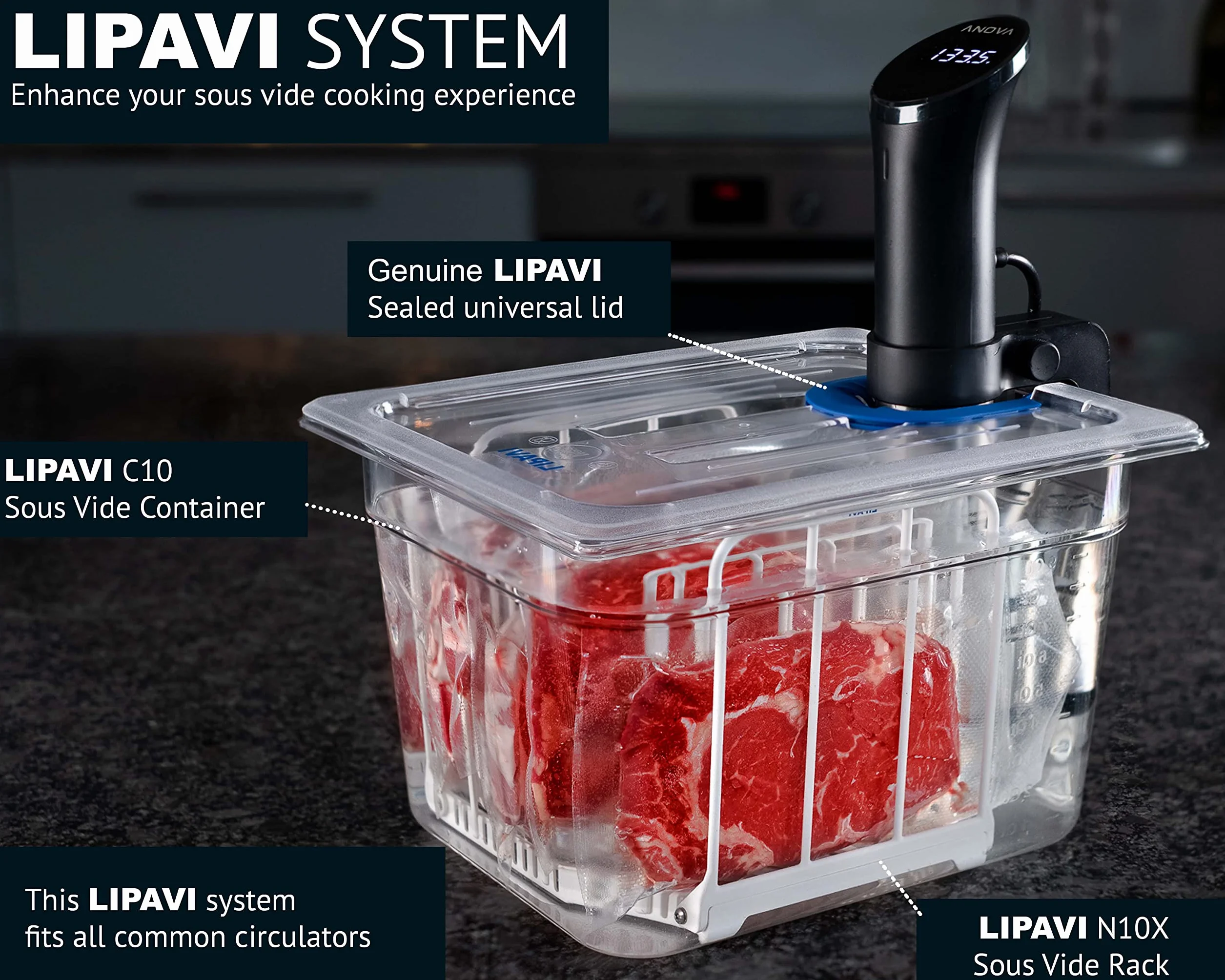 LIPAVI Sistema Sous Vide NXC10-UNIR con Contenitore C10 Rack N10X Coperchio Universale fino 70mm