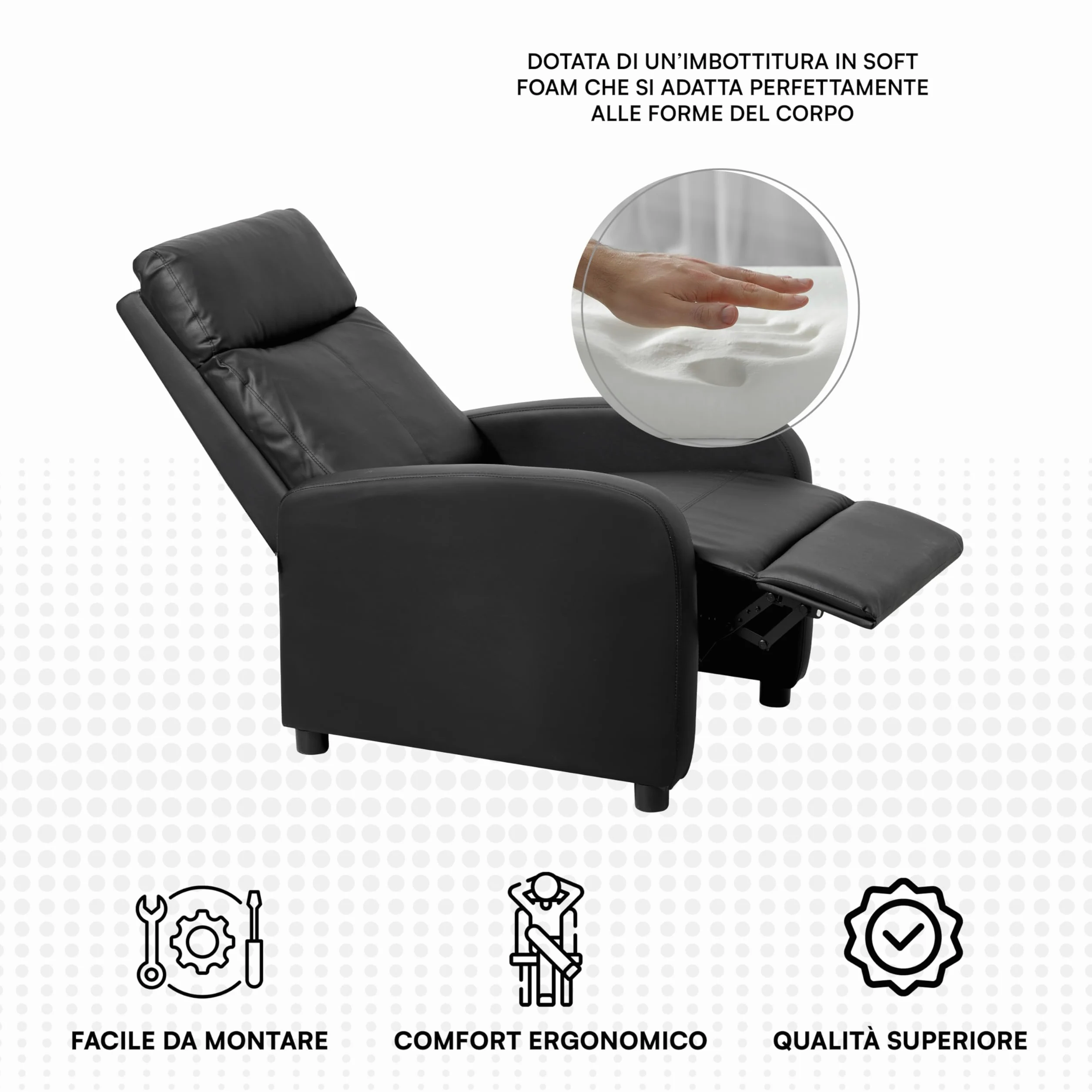 Baroni Home Poltrona Reclinabile in Soft Foam, con Recliner a Spinta, Poggiapiedi, Piedini Antiscivolo, Poltrona Relax Push-Back, Facile da Montare, Comoda, Nero, 66x75x99 cm