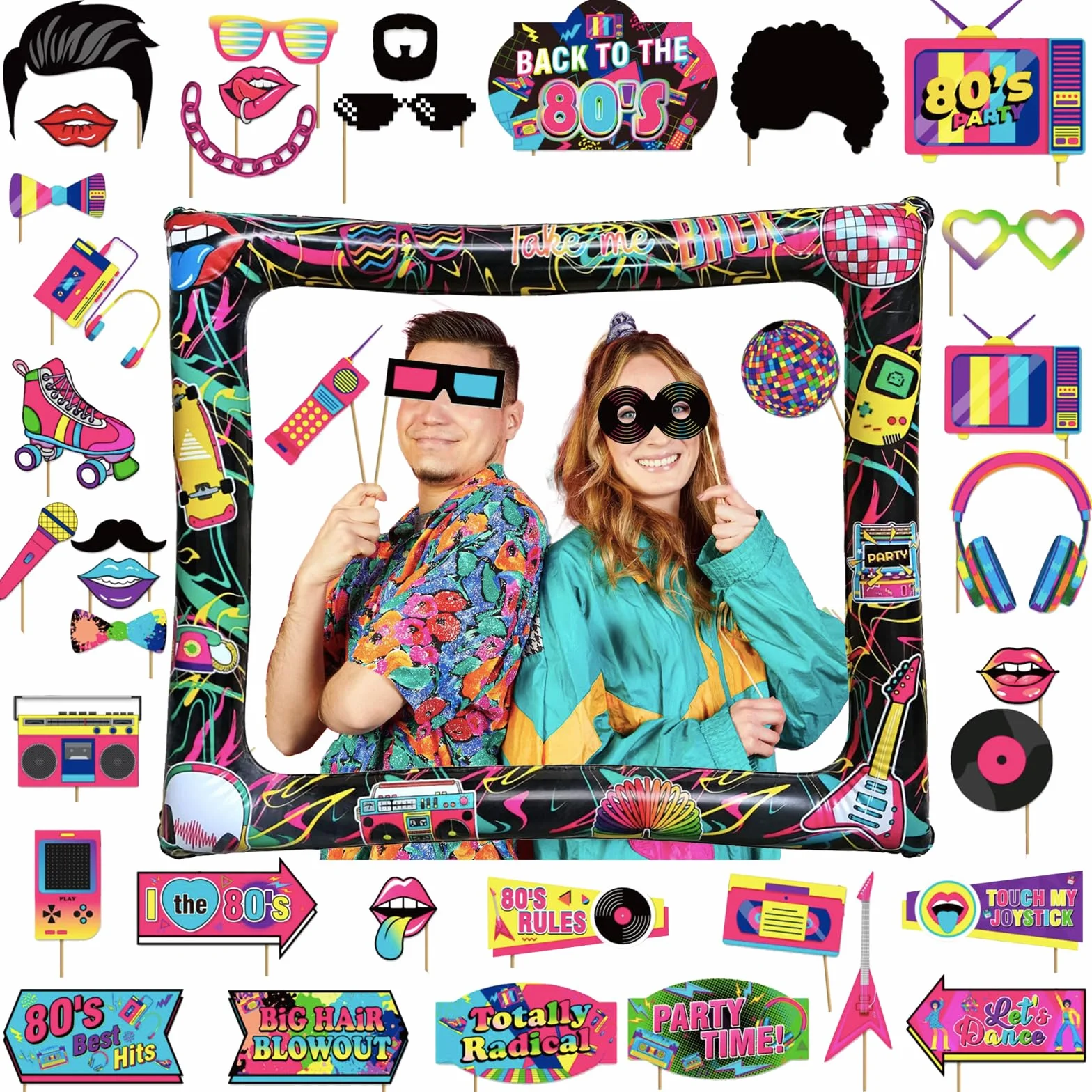 Cabina Fotografica Gonfiabile per Festa Anni '80 con 40 Cornici per Selfie, Accessori per Giochi e Oggetti di Scena Giganti per Discoteca