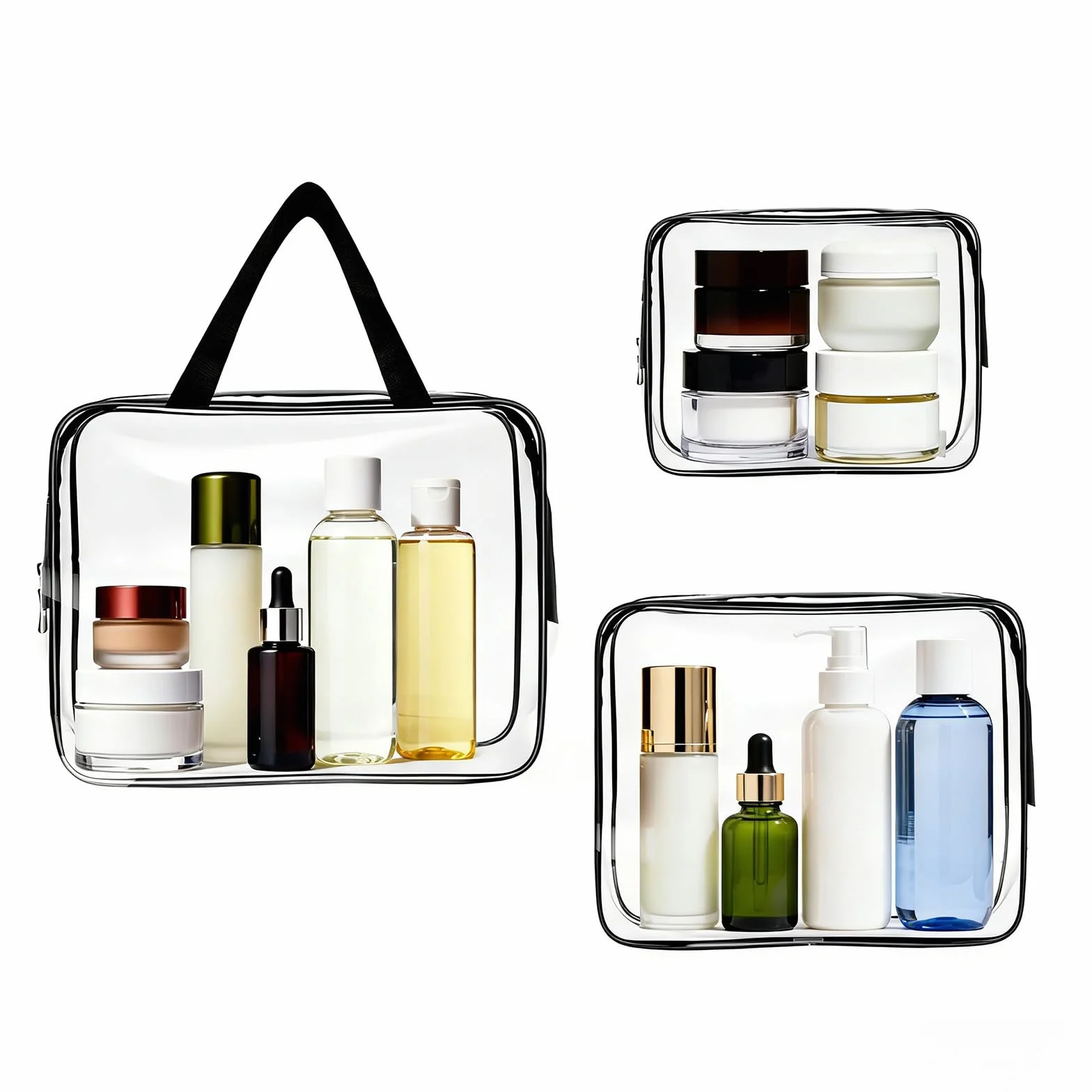Beauty Case Trasparente, Borse da Viaggio Impermeabile, 3 Pezzi Borsa da Toilette Contenitori Cosmetici con Zip, Set Buste per Trasporto Trousse con Maniglia, per Bagno e Viaggio