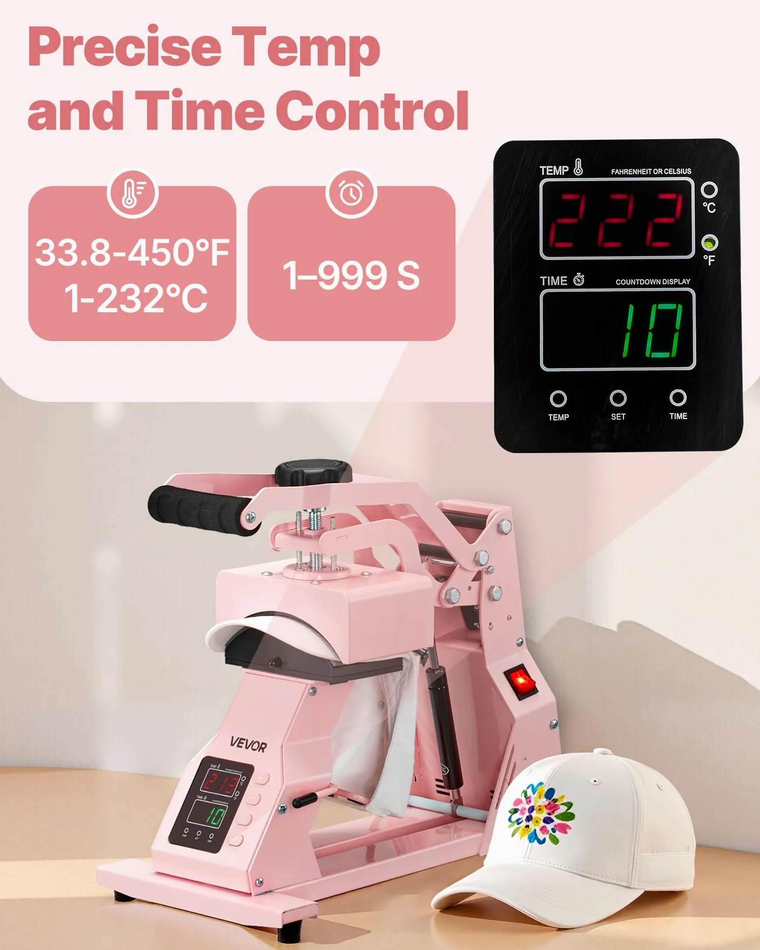 VEVOR Pressa a Caldo per Cappelli con 2 Piastre Intercambiabili, Macchina per Pressatura a Caldo per Cappelli con Controllo della Temperatura e del Tempo, per Cappellini, Fasce, Mascherine, Rosa