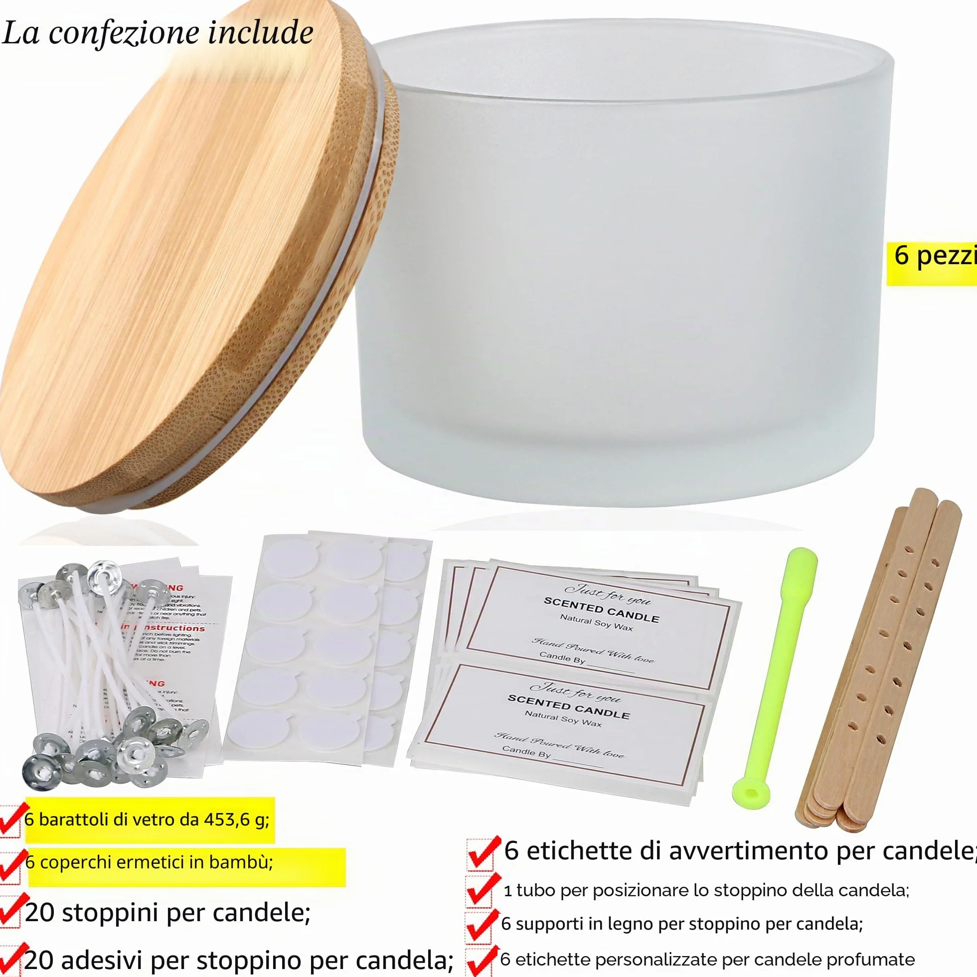 Confezione da 6 barattoli per candele da 16 once con coperchi in bambù e kit per la produzione