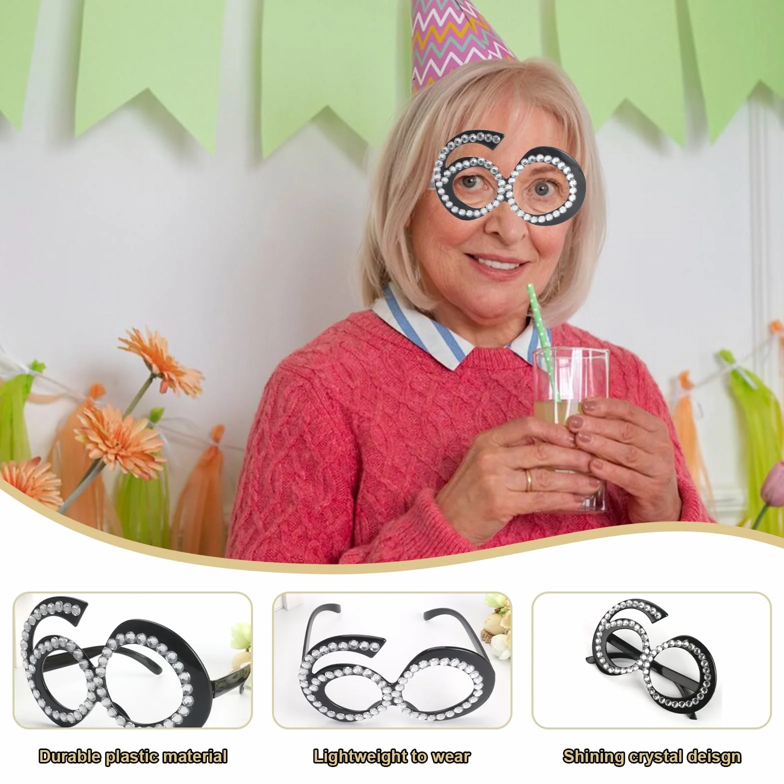 VEGCOO 7 Pezzi Occhiali per Feste di Compleanno con Decorazione di Carta e Occhiali Luccicanti