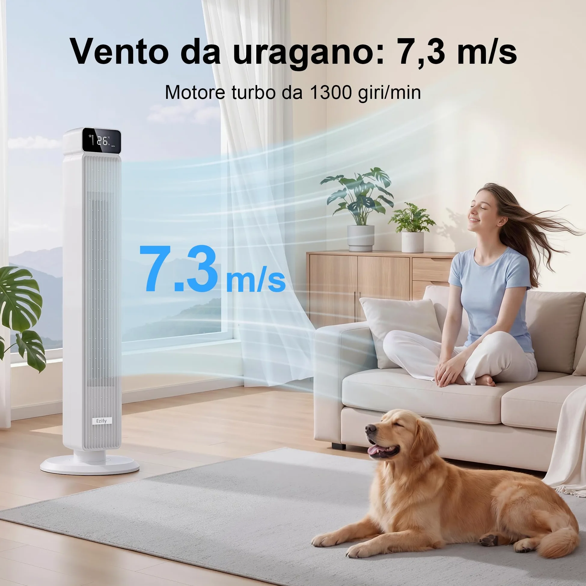 Ventilatore a Torre Silenzioso con Telecomando, 7.3 m/s Flusso Potente & Modalità Notturna 30 dB, Oscillazione 90°, 6 Livelli, Timer 12H, Ventilatore a Colonna per Camera da Letto e Ufficio