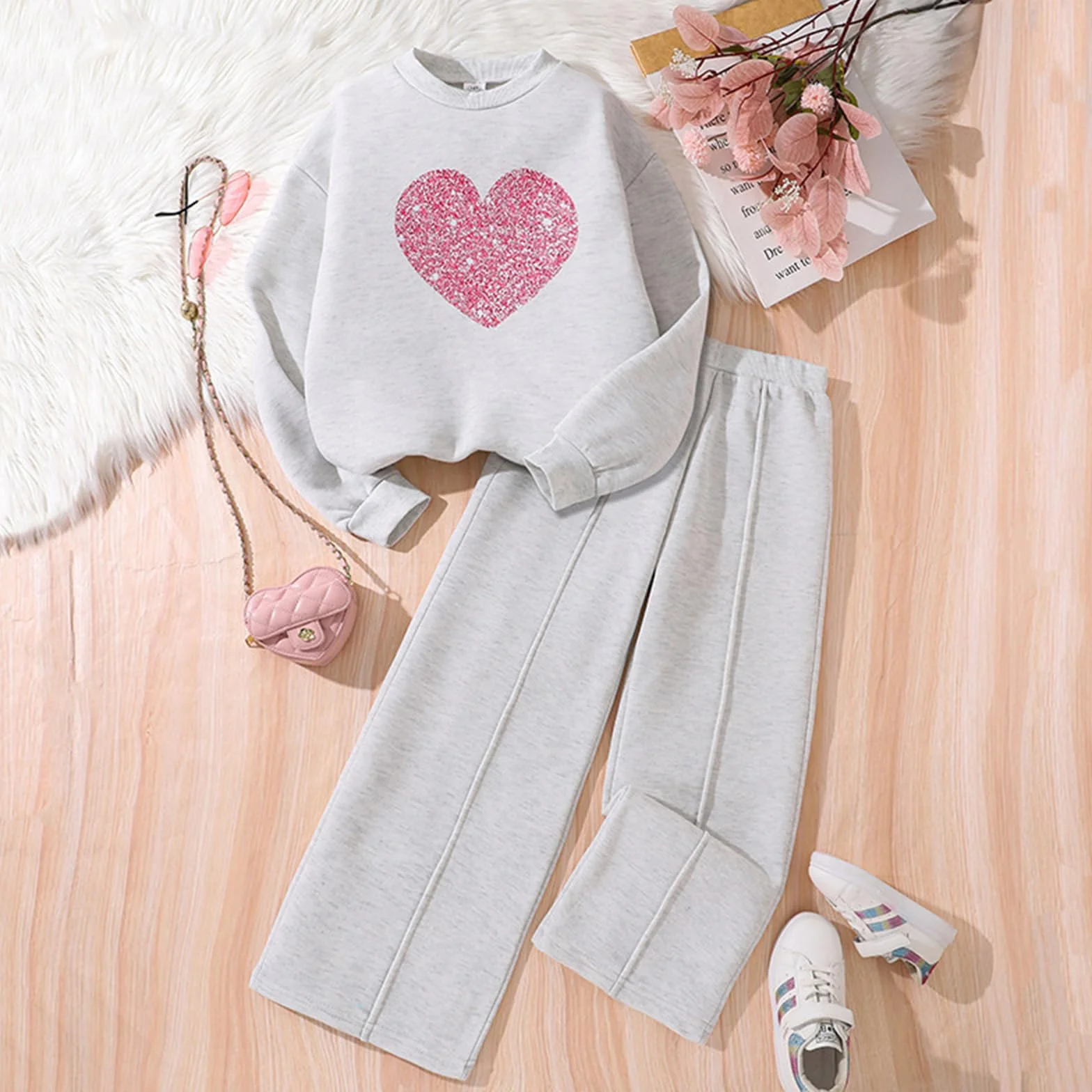 Kunyeah 2 pezzi felpa da ragazza con stampa a cuore pullover tuta in pile a maniche lunghe vestiti pantaloni set per età 8-12 anni