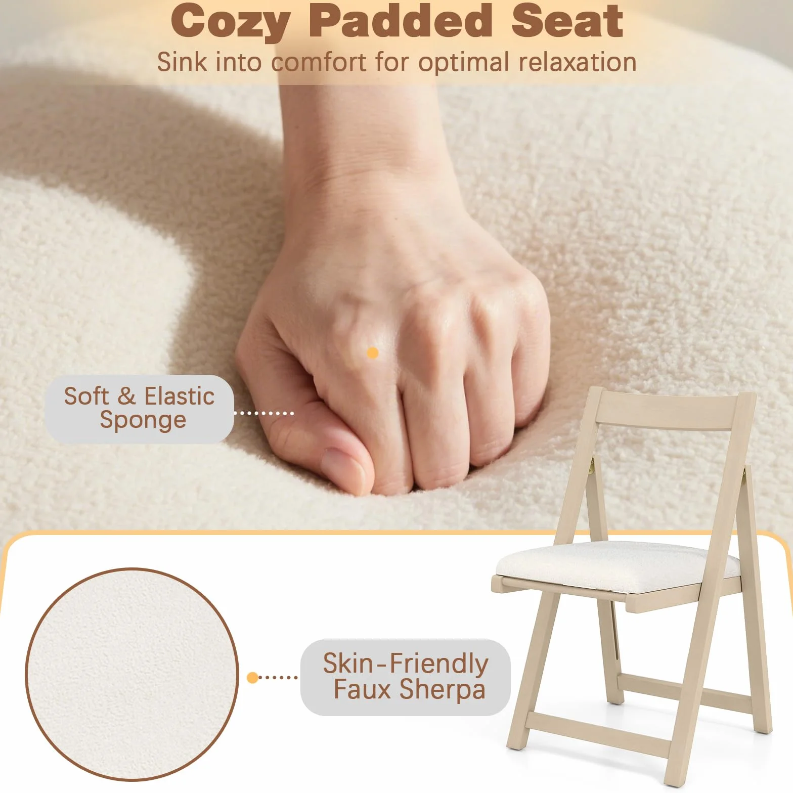 GIANTEX Set di 2 sedie pieghevoli, imbottite, con telaio in legno di gomma e schienale inclinato, per cucina, soggiorno e balcone (beige)