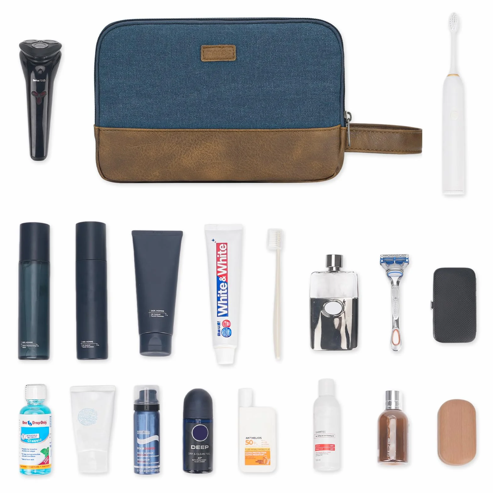 WANDF Beauty Case Uomo da Viaggio – Borsa da Toilette Impermeabile Organizer Capiente per Accessori da Barba e Igiene, con Manico Laterale (Blu)