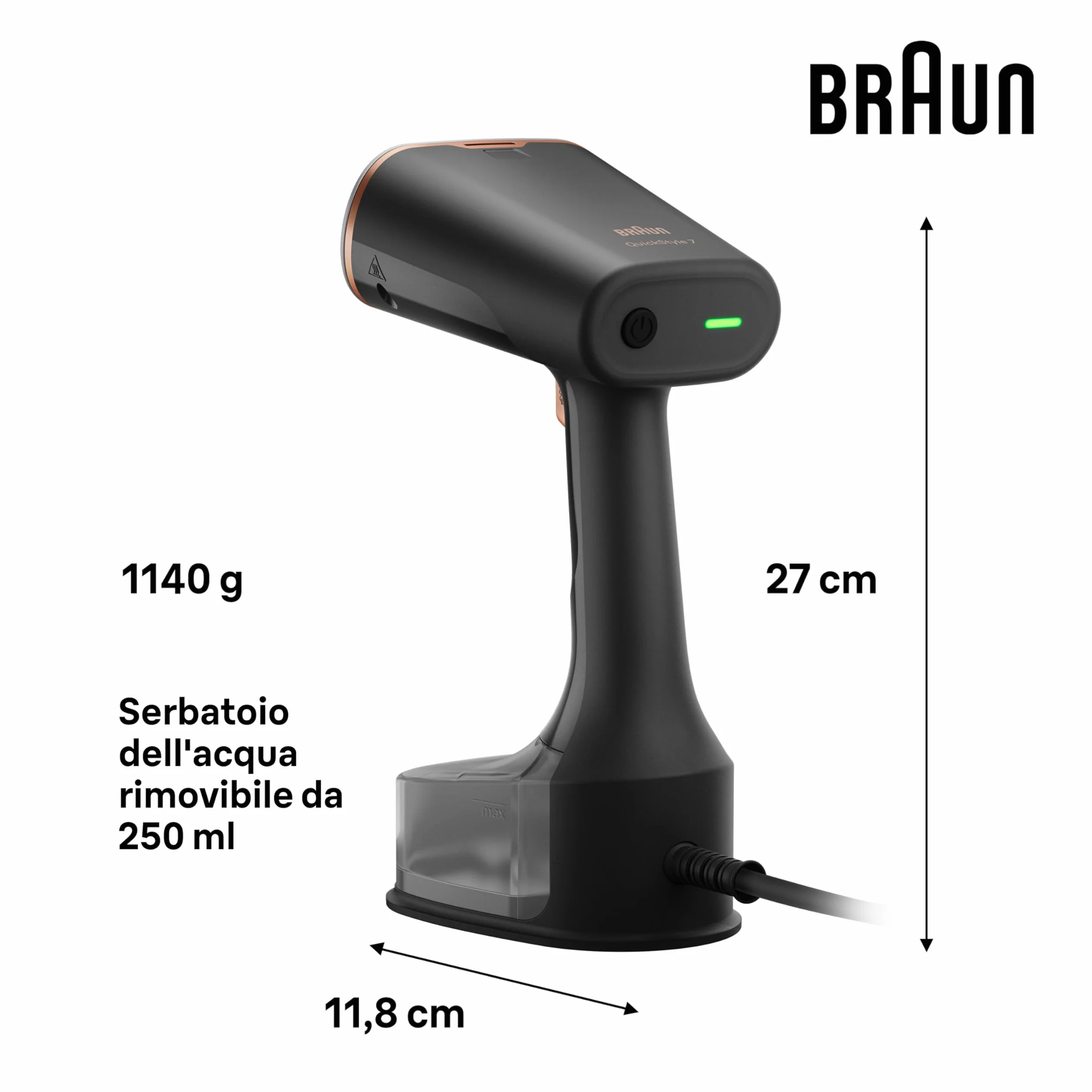Braun QuickStyle 7 GS7077BK, Stiratore Verticale con Tecnologia Dual FreeGlide 3D e Piastra Riscaldata, con Riscaldamento Rapido, Vapore 35 g/min, Capacità 250 ml, Cavo 3 m, 1600W, Nero/Oro